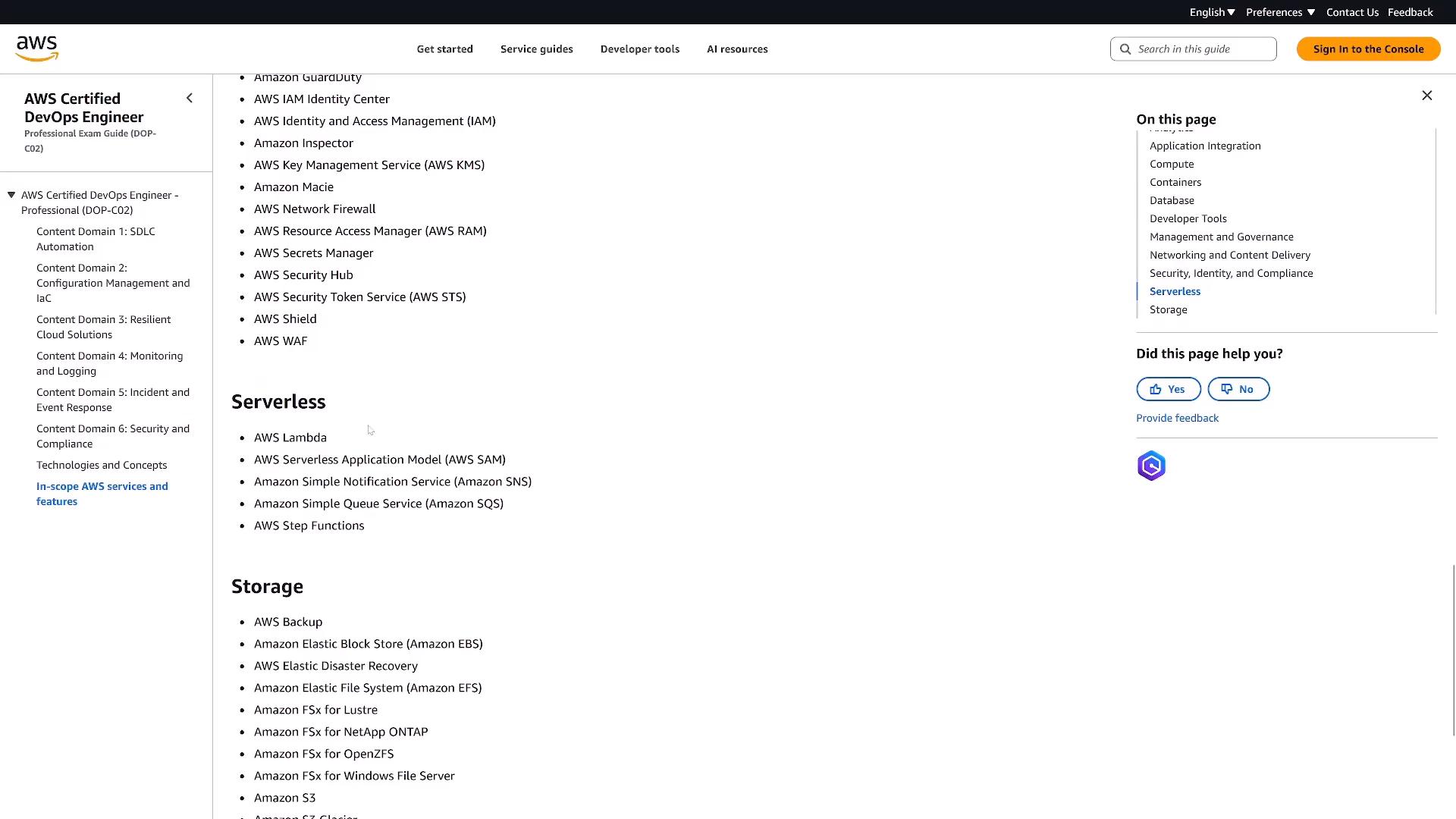 A screenshot of an AWS Certified DevOps Engineer exam guide webpage showing a left navigation panel and a main content list of in-scope AWS services. Sections visible include "Serverless" and "Storage" with bullet-pointed service names like AWS Lambda and Amazon S3.