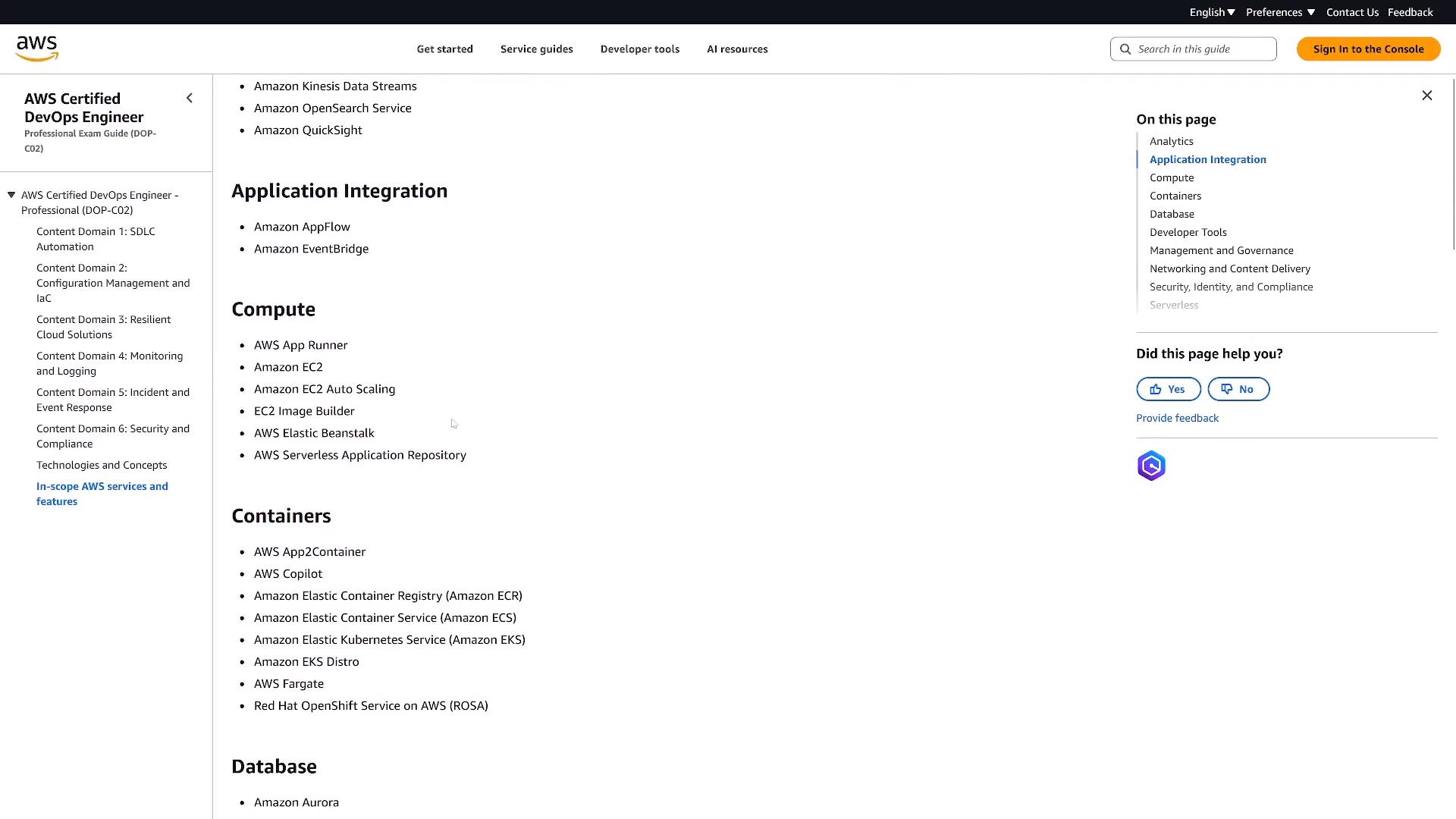 A screenshot of an AWS documentation page for the AWS Certified DevOps Engineer guide listing AWS services organized by categories like Application Integration, Compute, Containers, and Database. The left sidebar shows exam content domains and the right side has page navigation and feedback options.