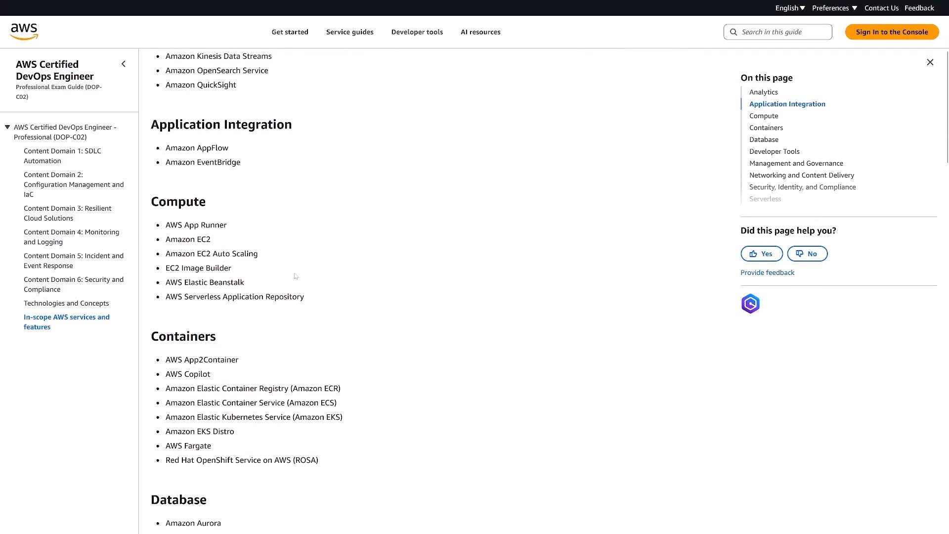 A screenshot of an AWS documentation page for the AWS Certified DevOps Engineer guide listing AWS services organized by categories like Application Integration, Compute, Containers, and Database. The left sidebar shows exam content domains and the right side has page navigation and feedback options.