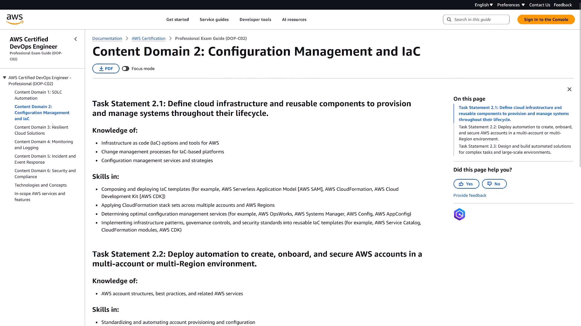 A screenshot of an AWS documentation page titled "Content Domain 2: Configuration Management and IaC." The page shows task statements and bullet lists detailing knowledge and skills for infrastructure-as-code, change/configuration management, and automation across AWS accounts.