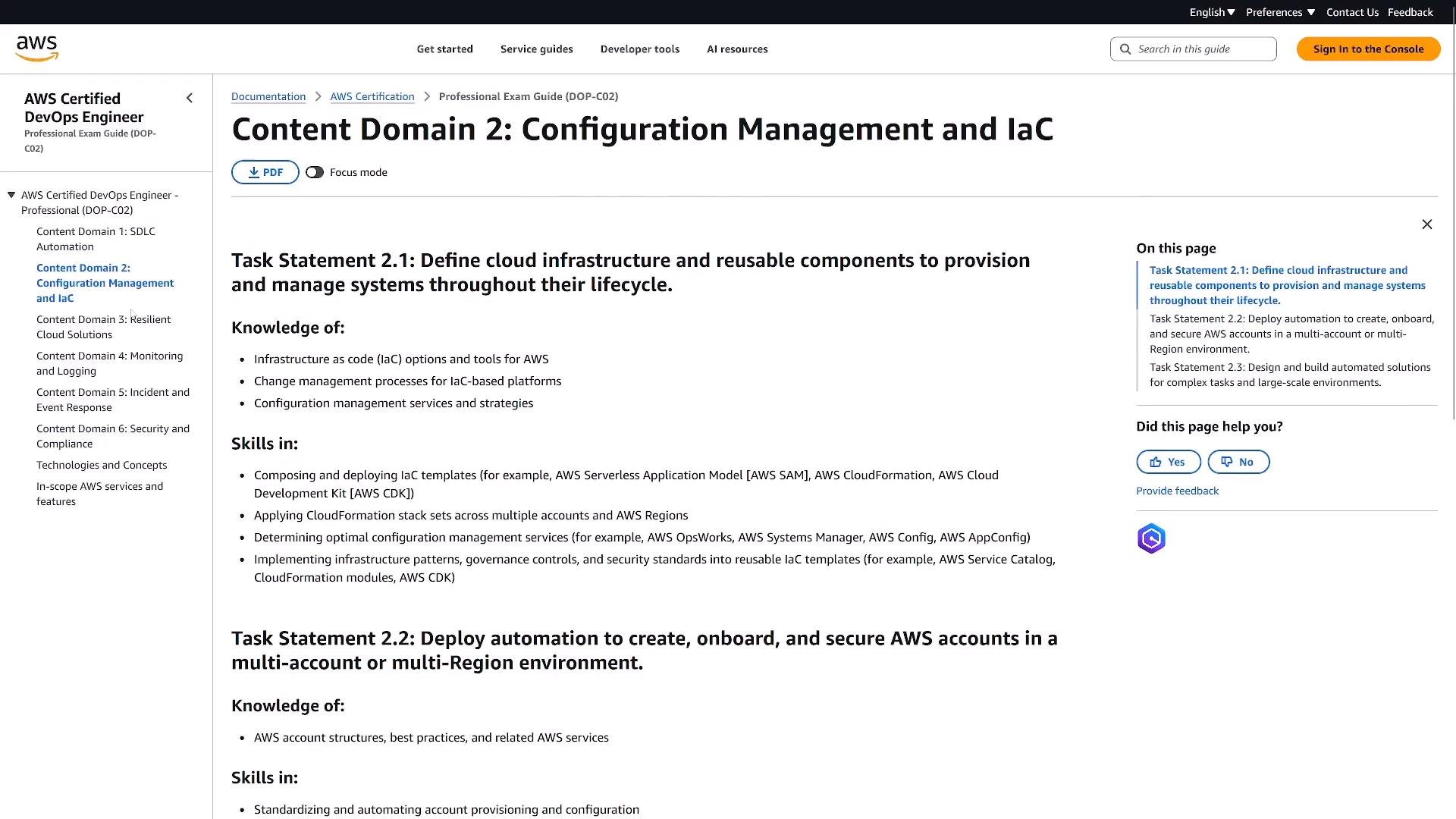 A screenshot of an AWS documentation page titled "Content Domain 2: Configuration Management and IaC." The page shows task statements and bullet lists detailing knowledge and skills for infrastructure-as-code, change/configuration management, and automation across AWS accounts.