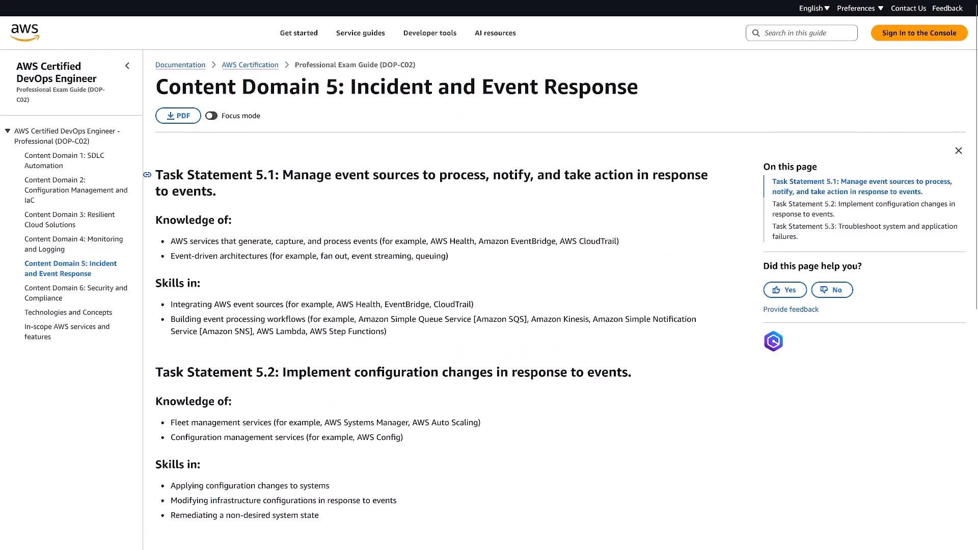 A screenshot of an AWS documentation page for the "AWS Certified DevOps Engineer – Professional" exam guide, showing "Content Domain 5: Incident and Event Response." The page lists Task Statements 5.1 and 5.2 with associated knowledge and skills bullet points and a left navigation menu.