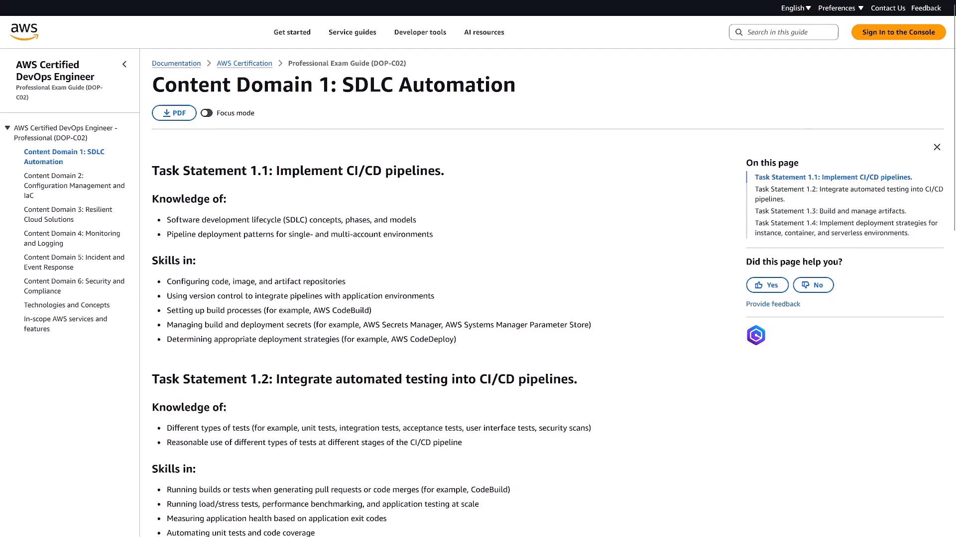 A screenshot of an AWS Certified DevOps Engineer — Professional exam guide webpage titled "Content Domain 1: SDLC Automation," showing Task Statement 1.1 about implementing CI/CD pipelines with bulleted knowledge and skills. The left sidebar lists other content domains while the right side shows page navigation and feedback buttons.