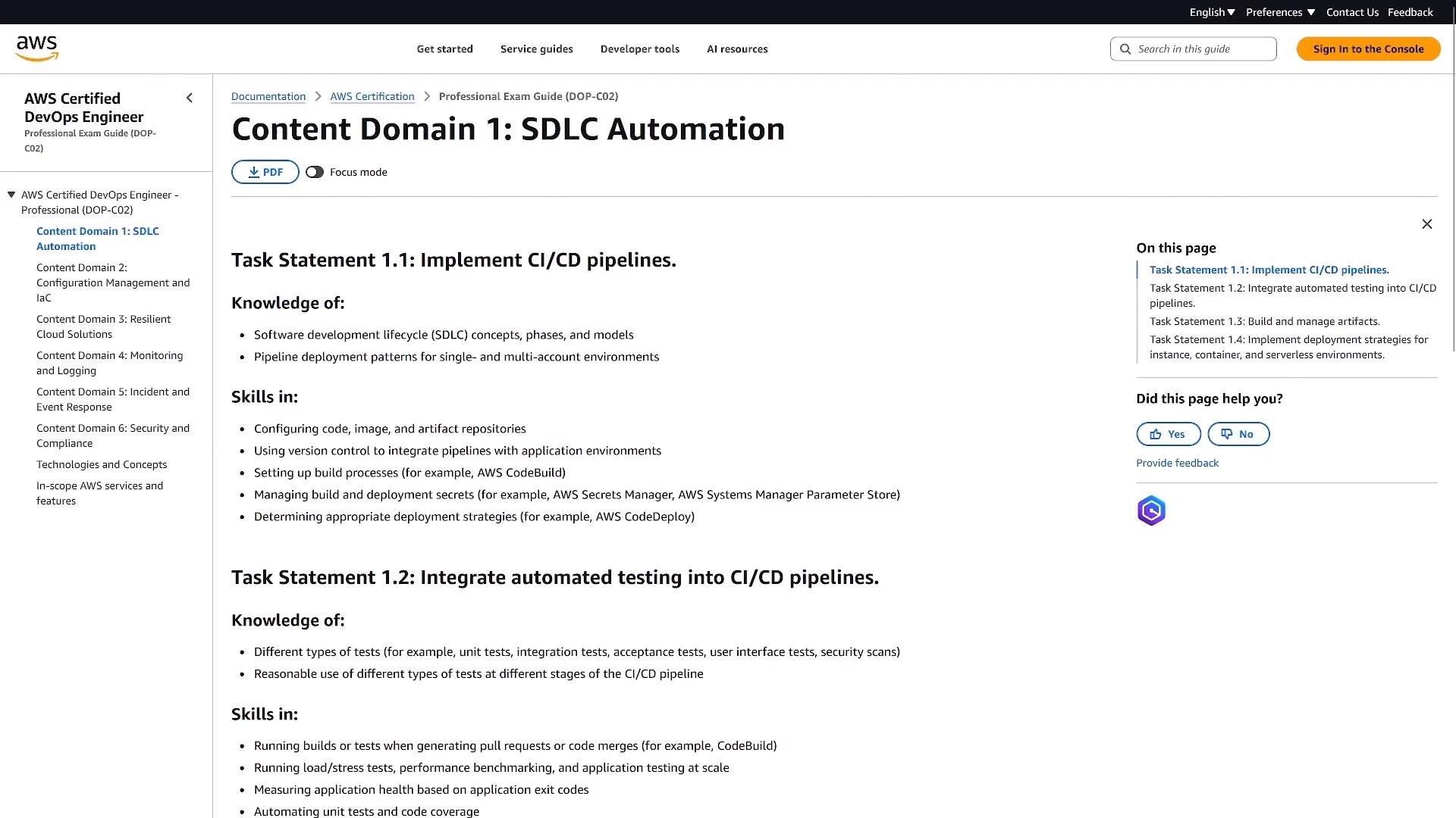 A screenshot of an AWS Certified DevOps Engineer — Professional exam guide webpage titled "Content Domain 1: SDLC Automation," showing Task Statement 1.1 about implementing CI/CD pipelines with bulleted knowledge and skills. The left sidebar lists other content domains while the right side shows page navigation and feedback buttons.