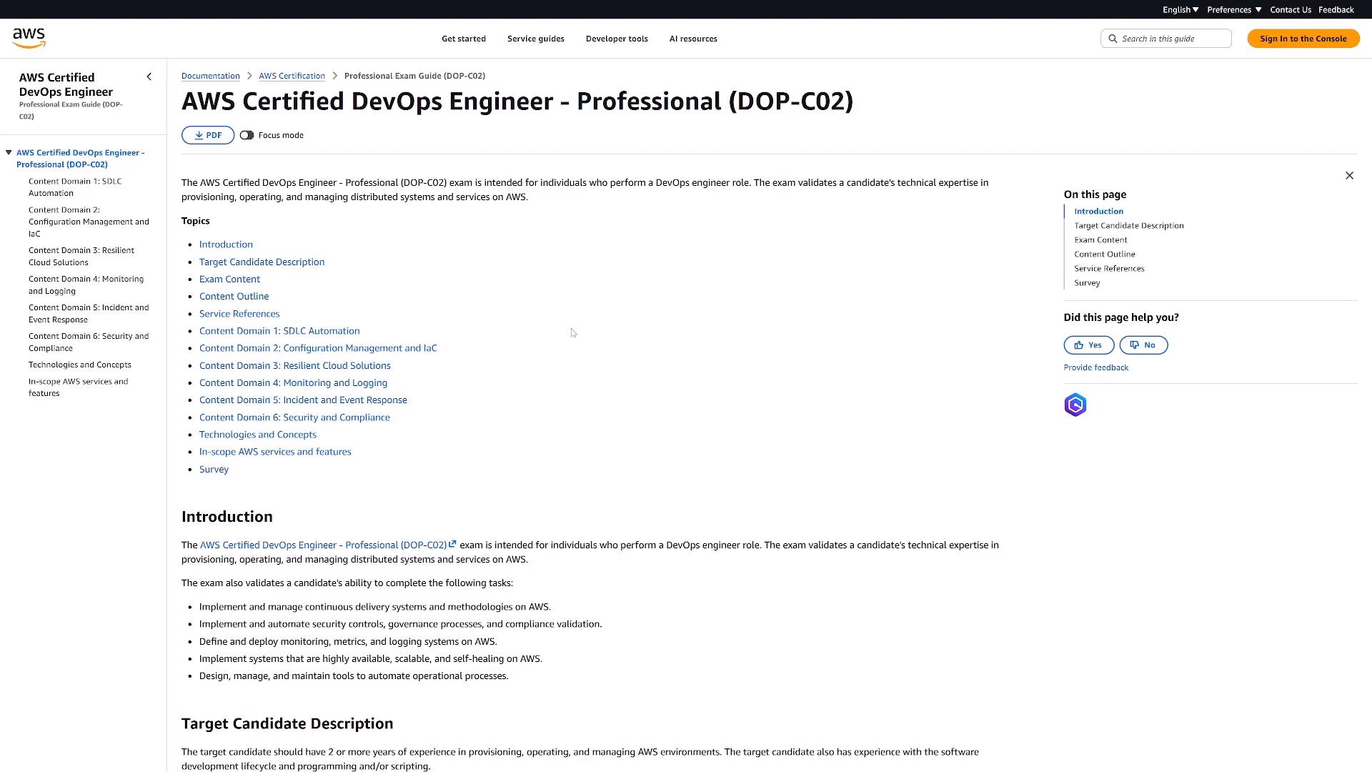 A webpage from the AWS documentation site for the "AWS Certified DevOps Engineer – Professional (DOP‑C02)" exam, showing the exam title, a table of contents/topics, and an introduction describing the exam.