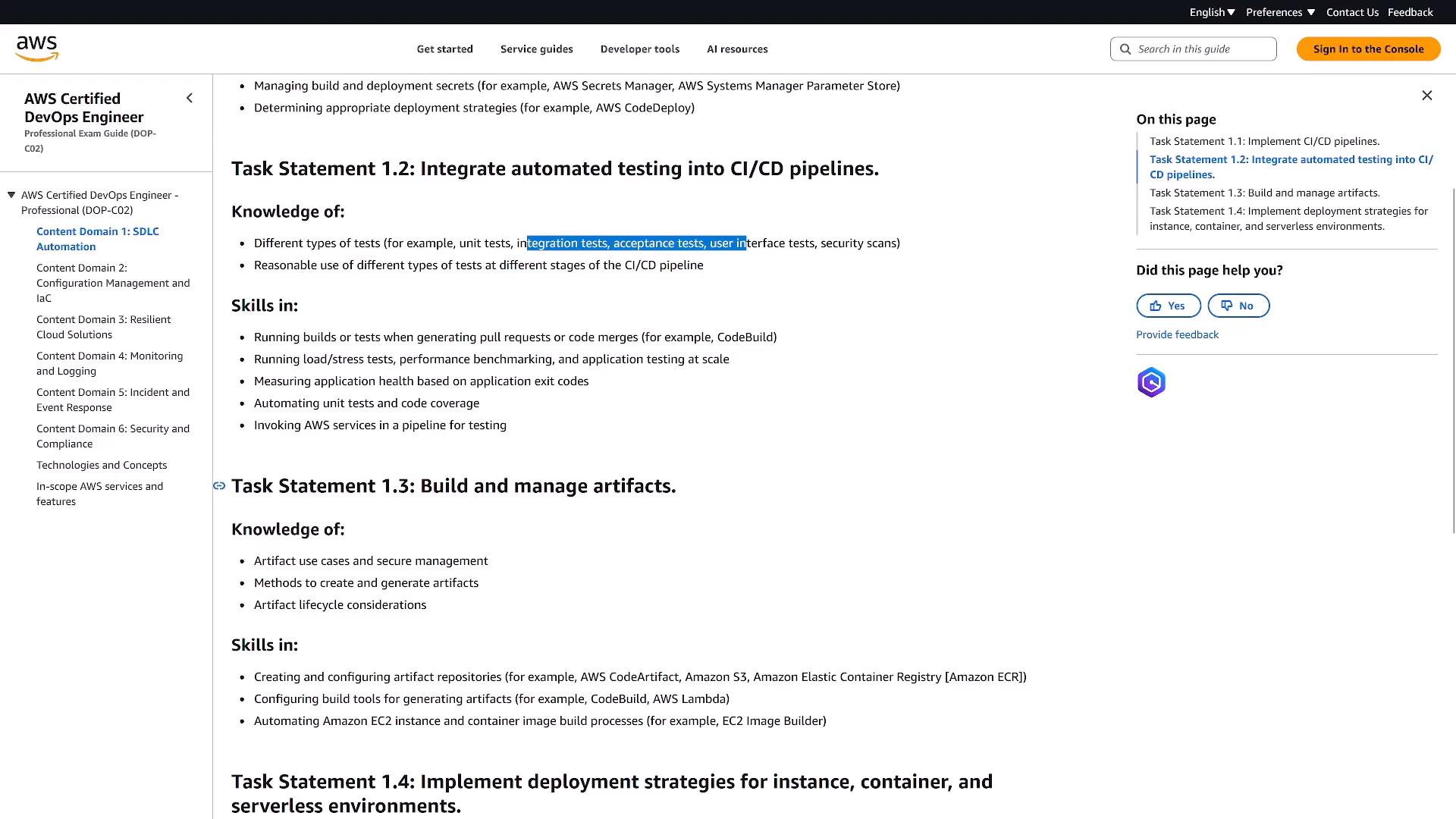 A screenshot of the AWS Certified DevOps Engineer (DOP‑C02) exam guide web page showing "Task Statement 1.2: Integrate automated testing into CI/CD pipelines" with Knowledge and Skills bullet points. The page also shows a left navigation menu and a right sidebar with the page outline and feedback buttons.
