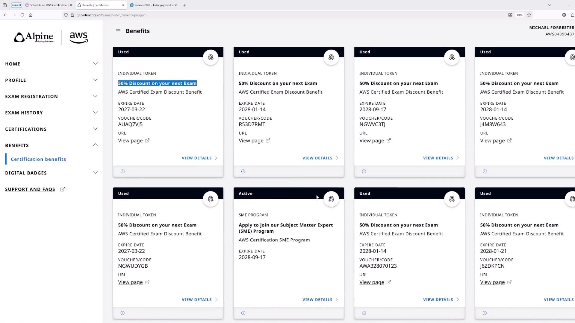 A web dashboard showing AWS/Alpine certification benefits with multiple cards listing individual tokens offering "50% Discount on your next Exam," expiry dates, and voucher codes. A left navigation menu displays sections like Home, Profile, Exam Registration, and Benefits.