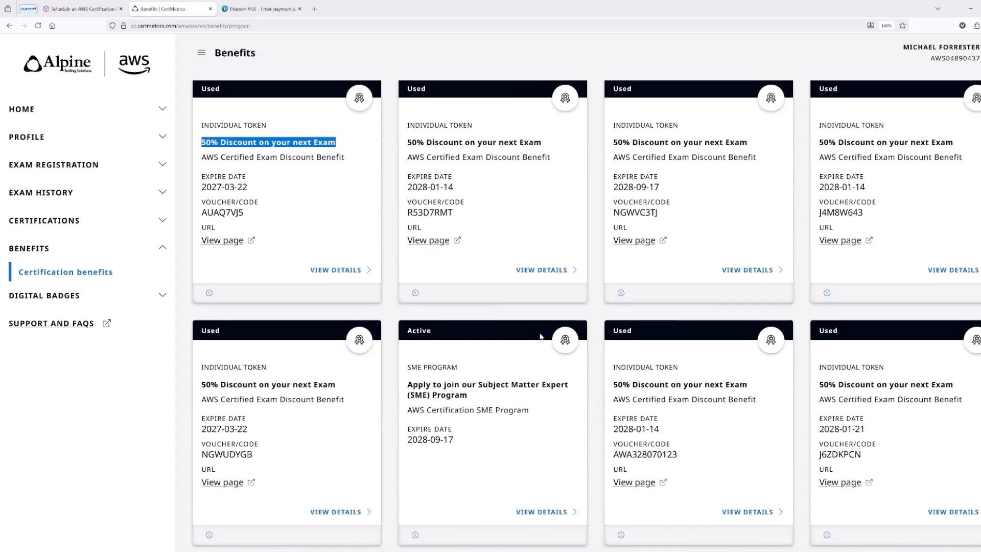 A web dashboard showing AWS/Alpine certification benefits with multiple cards listing individual tokens offering "50% Discount on your next Exam," expiry dates, and voucher codes. A left navigation menu displays sections like Home, Profile, Exam Registration, and Benefits.