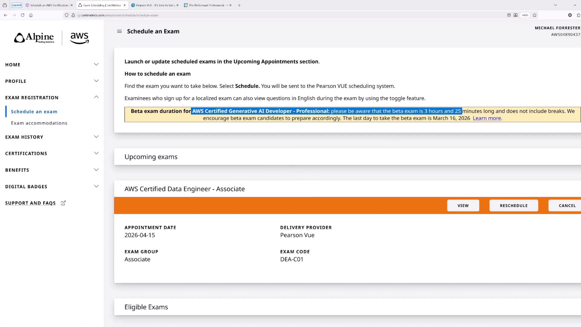 A screenshot of an Alpine/AWS exam scheduling webpage showing upcoming exams and appointment details for an "AWS Certified Data Engineer - Associate." A highlighted banner notes the "AWS Certified Generative AI Developer - Professional" beta exam duration and last day to take it.