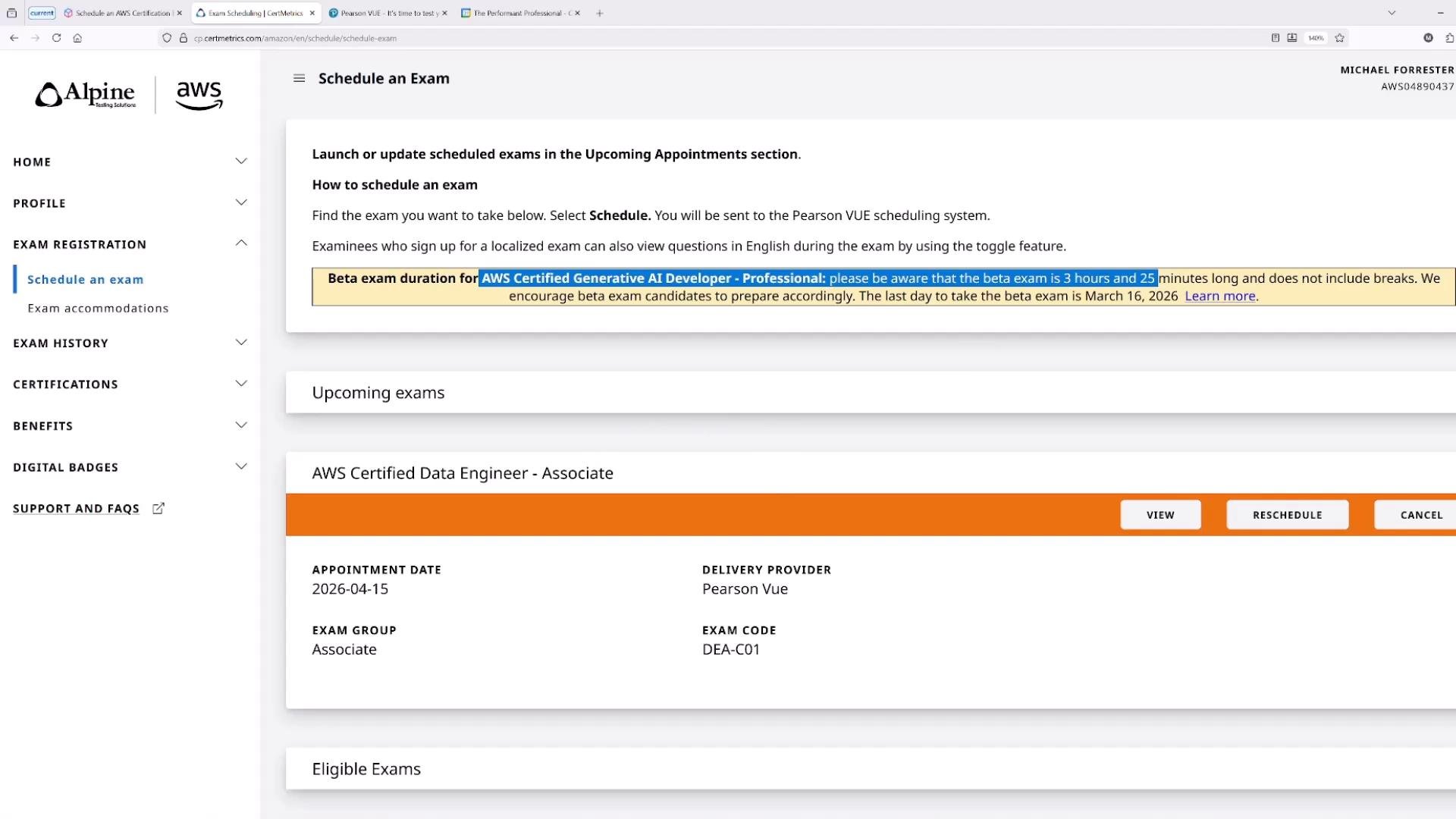A screenshot of an Alpine/AWS exam scheduling webpage showing upcoming exams and appointment details for an "AWS Certified Data Engineer - Associate." A highlighted banner notes the "AWS Certified Generative AI Developer - Professional" beta exam duration and last day to take it.