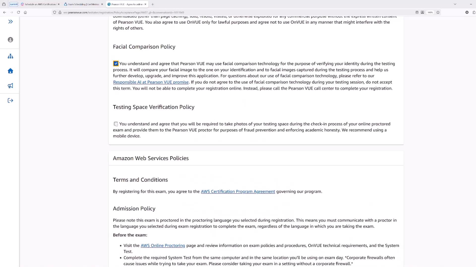 A webpage screenshot showing exam registration policies (Facial Comparison Policy and Testing Space Verification Policy) for Pearson VUE/ AWS certification. The page lists terms and conditions and admission information for online proctored exams.