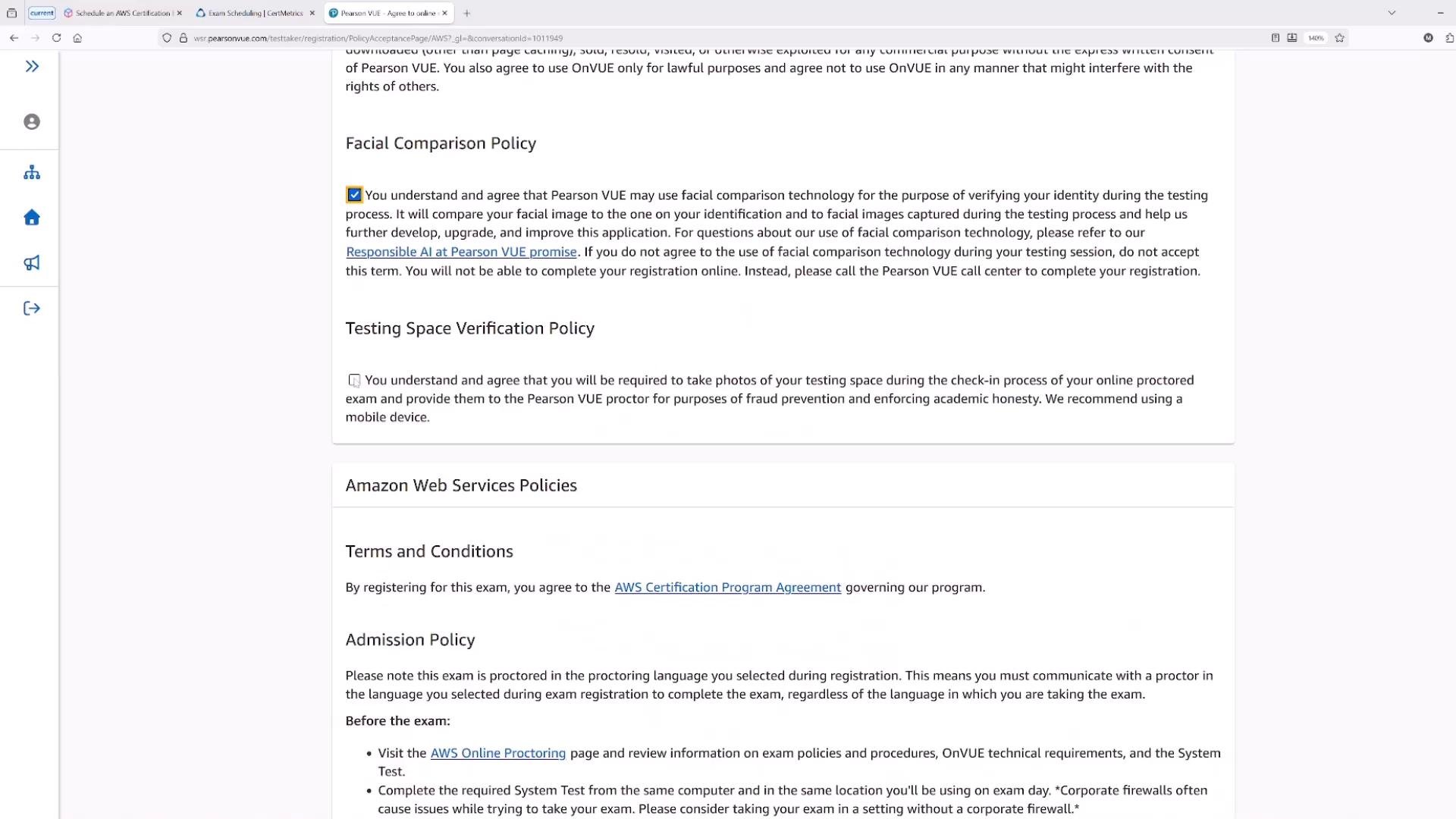 A webpage screenshot showing exam registration policies (Facial Comparison Policy and Testing Space Verification Policy) for Pearson VUE/ AWS certification. The page lists terms and conditions and admission information for online proctored exams.