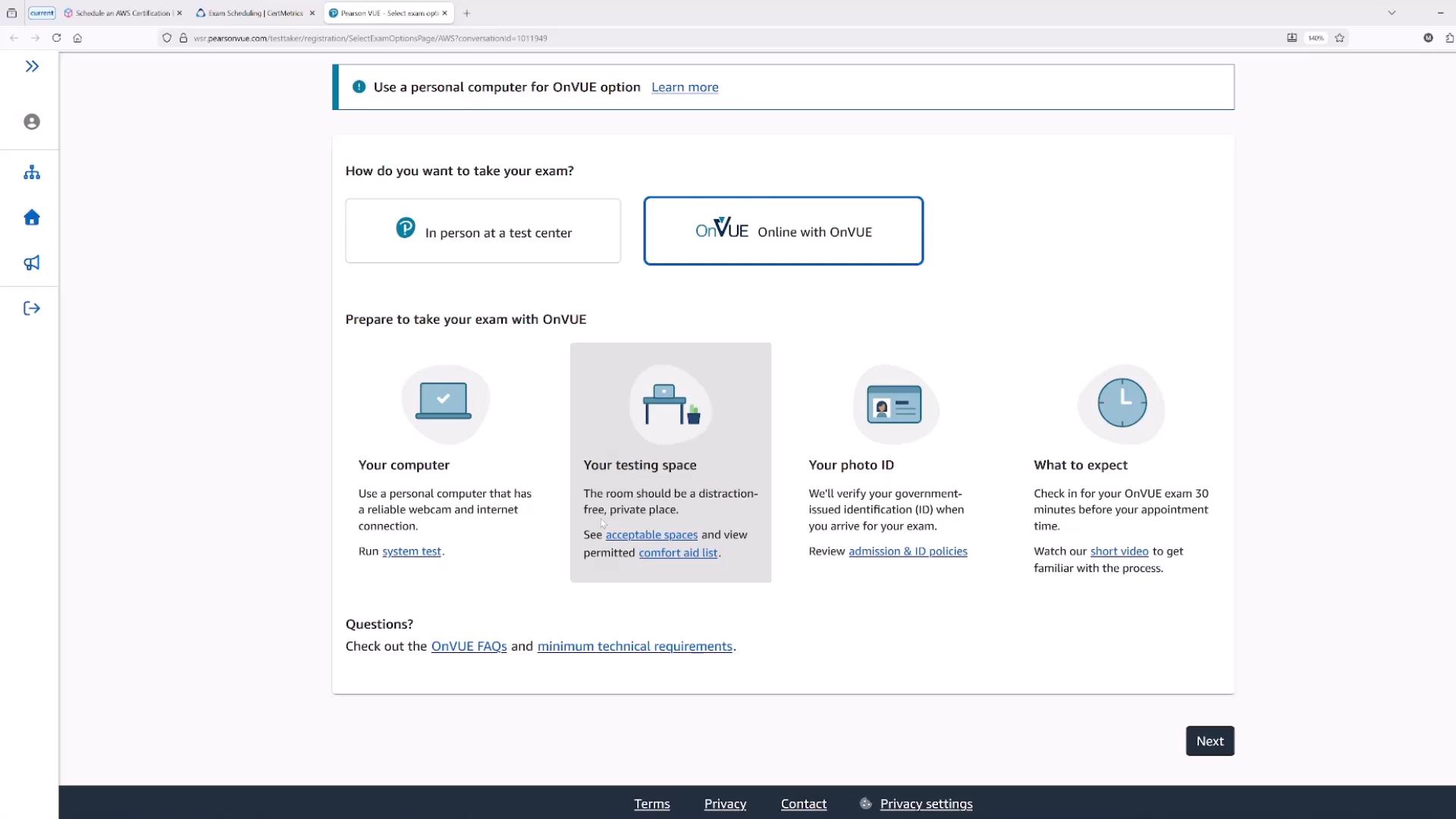 A screenshot of a Pearson VUE exam scheduling page showing buttons to take the test in person or online with OnVUE. Below are icons and brief instructions about your computer, testing space, photo ID, and what to expect.