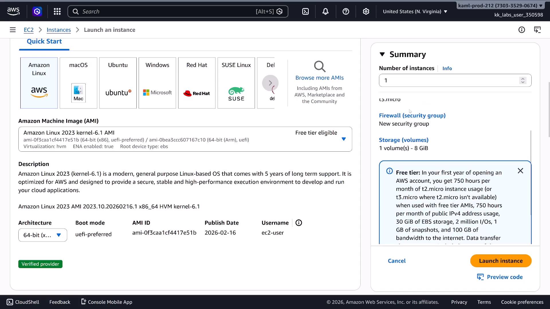 A screenshot of the AWS EC2 "Launch an instance" console showing AMI options with Amazon Linux 2023 selected. The right-hand Summary panel shows instance details (count, storage, security group) and a "Launch instance" button.