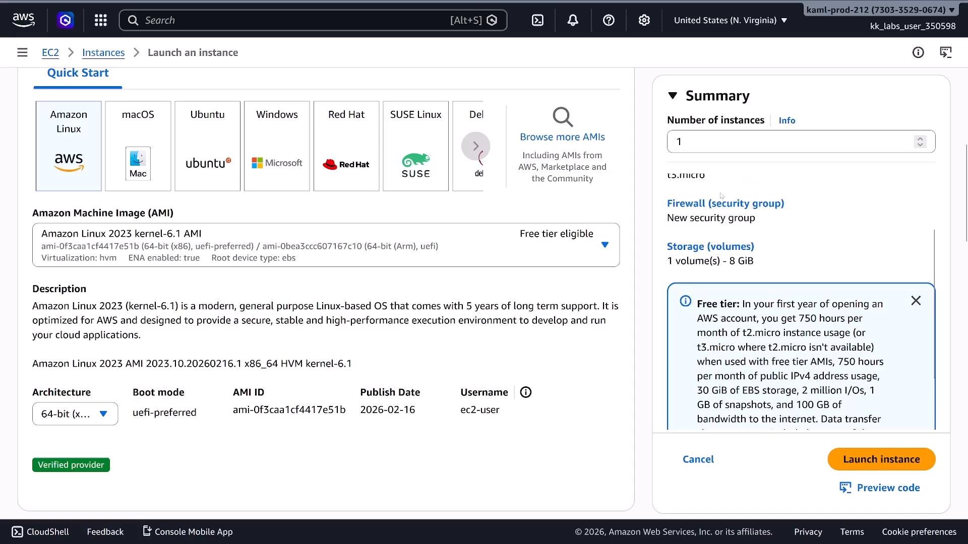 A screenshot of the AWS EC2 "Launch an instance" console showing AMI options with Amazon Linux 2023 selected. The right-hand Summary panel shows instance details (count, storage, security group) and a "Launch instance" button.