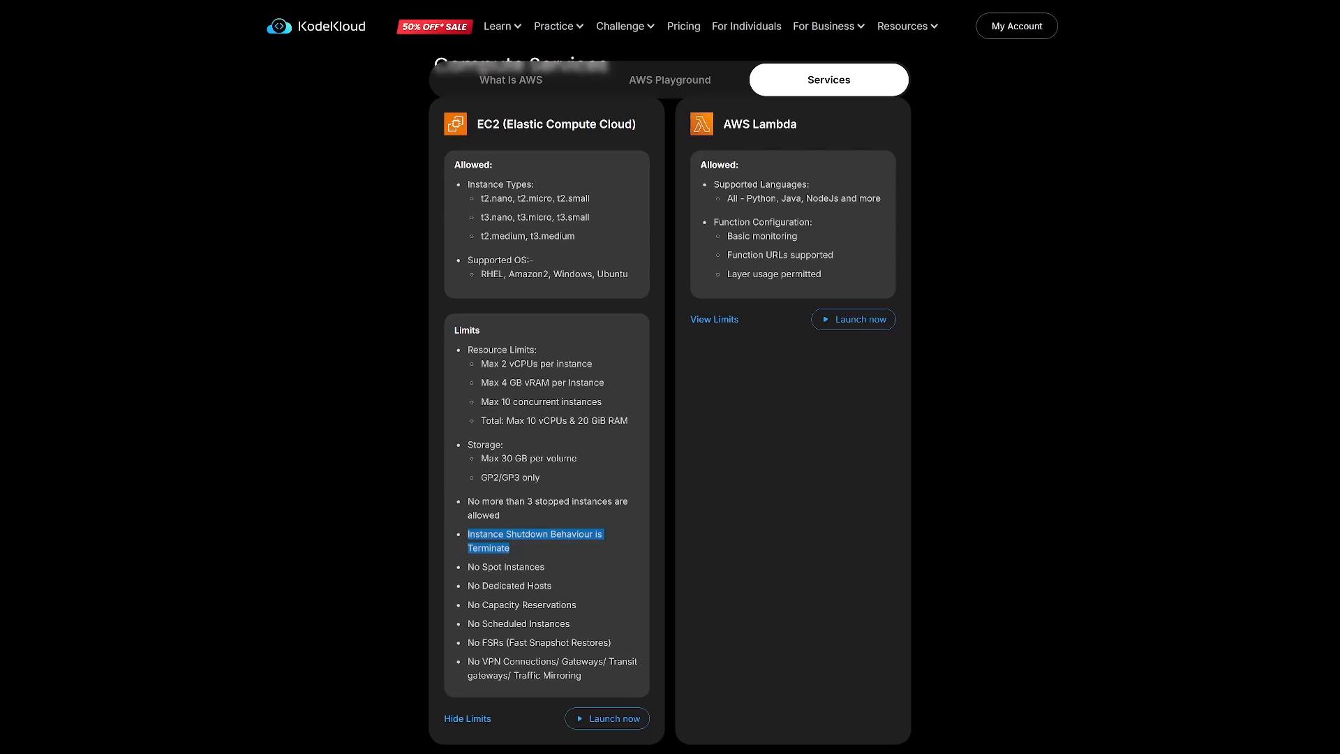 A dark-themed KodeKloud webpage screenshot showing two service panels for EC2 (Elastic Compute Cloud) and AWS Lambda with lists of allowed features and resource limits. The top navigation and a "Launch now" button are also visible.