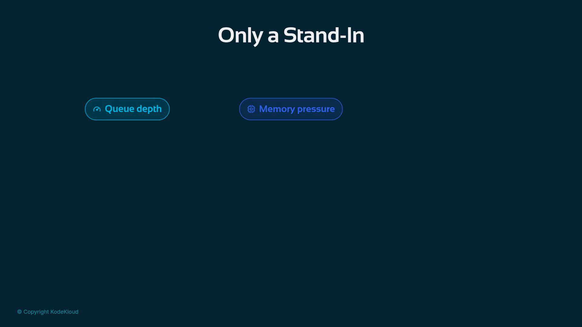 A dark presentation slide titled "Only a Stand-In" showing two pill-shaped buttons labeled "Queue depth" and "Memory pressure." The slide has a deep teal background with a small "© Copyright KodeKloud" note in the corner.