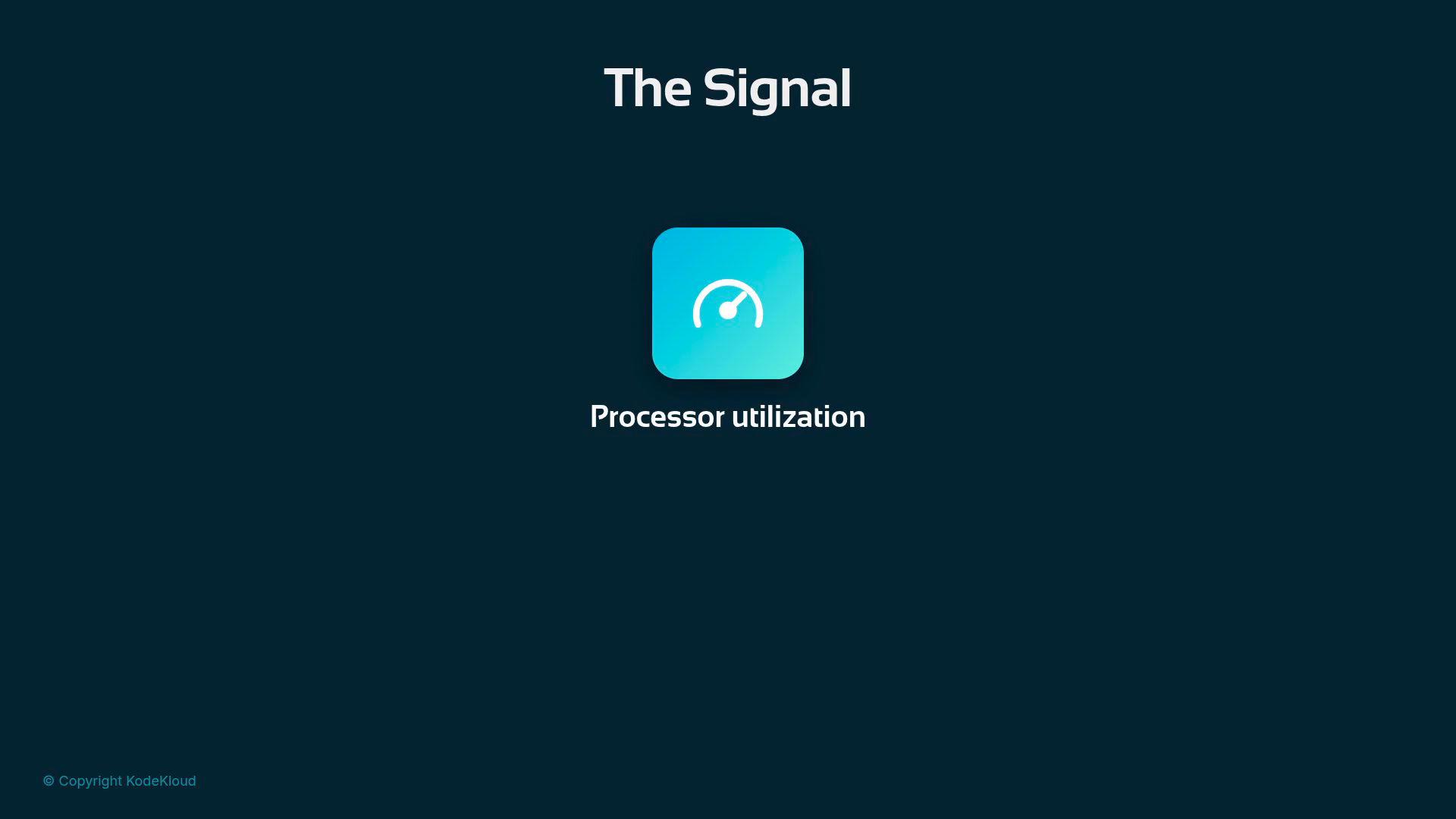 A dark teal slide titled "The Signal" features a turquoise square icon with a speedometer-style gauge. The caption beneath the icon reads "Processor utilization."