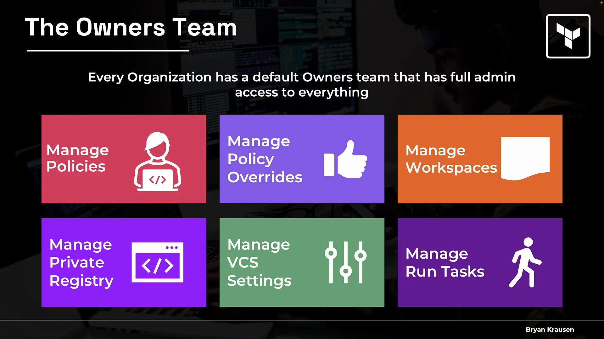 The image is a presentation slide titled "The Owners Team," outlining administrative tasks such as managing policies, workspaces, private registries, VCS settings, policy overrides, and run tasks. It indicates that the Owners team has full admin access in an organization.