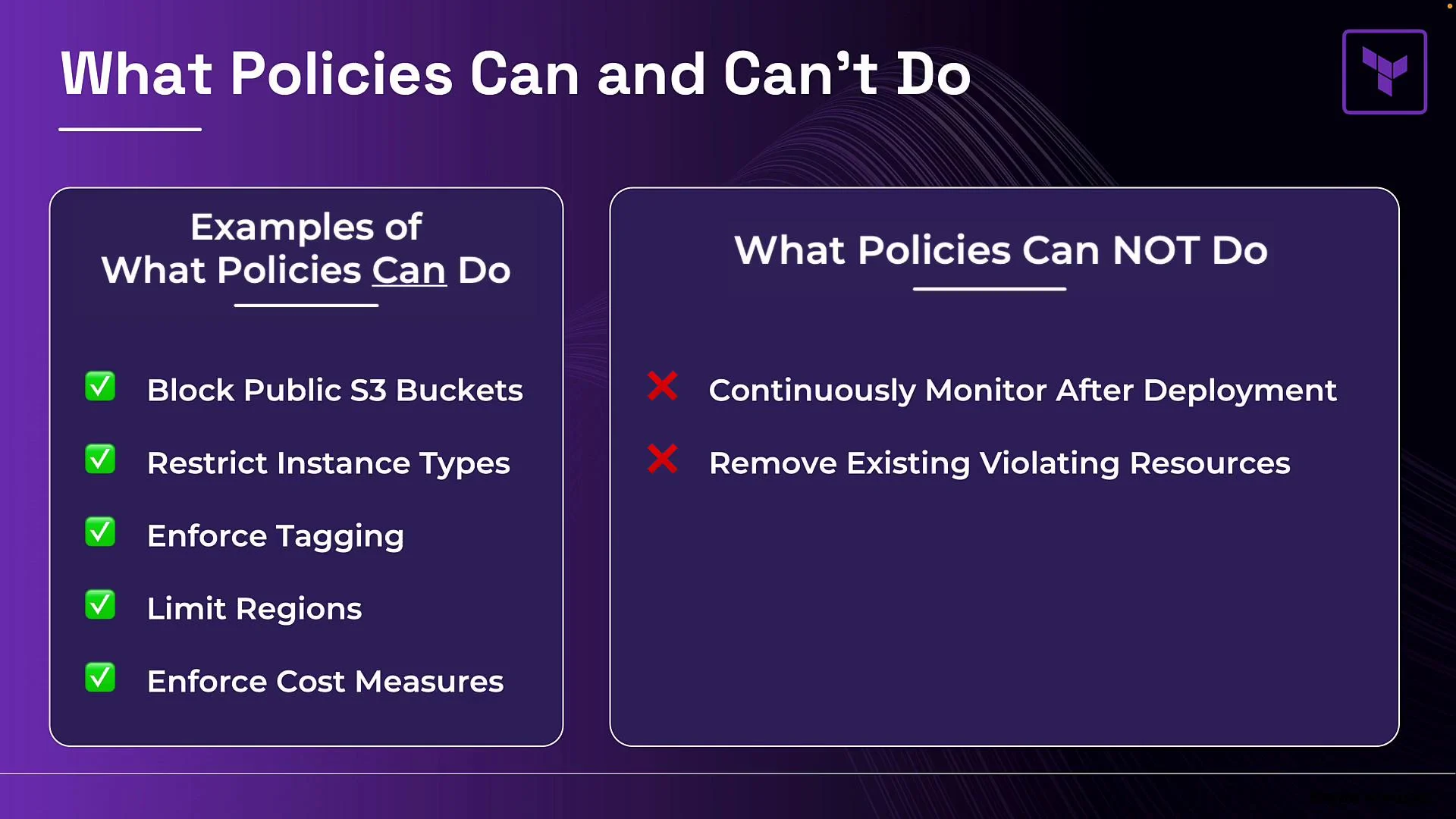 The image outlines examples of what policies can do, such as blocking public S3 buckets, and what they cannot do, like continuously monitoring after deployment.