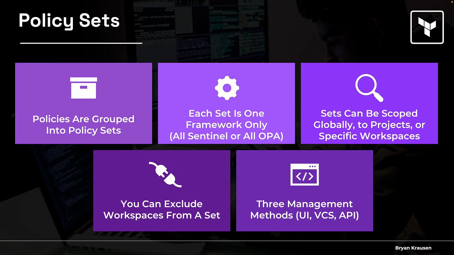 The image is a slide about "Policy Sets," highlighting features such as grouping policies, framework exclusivity, scoping options, workspace exclusion, and management methods.