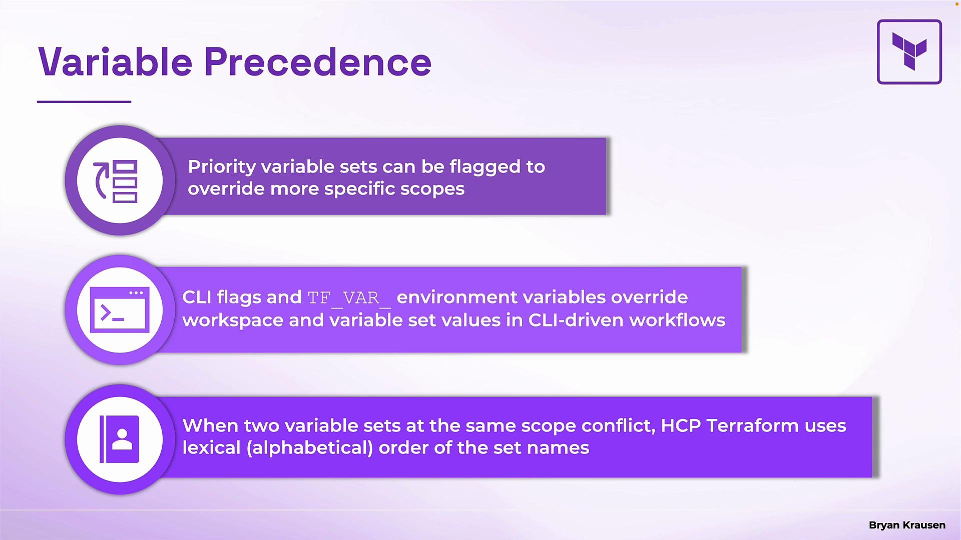 The image outlines the precedence of variable sets, describing how priority flags, CLI flags, environment variables, and lexical order affect their override rules in workflows.