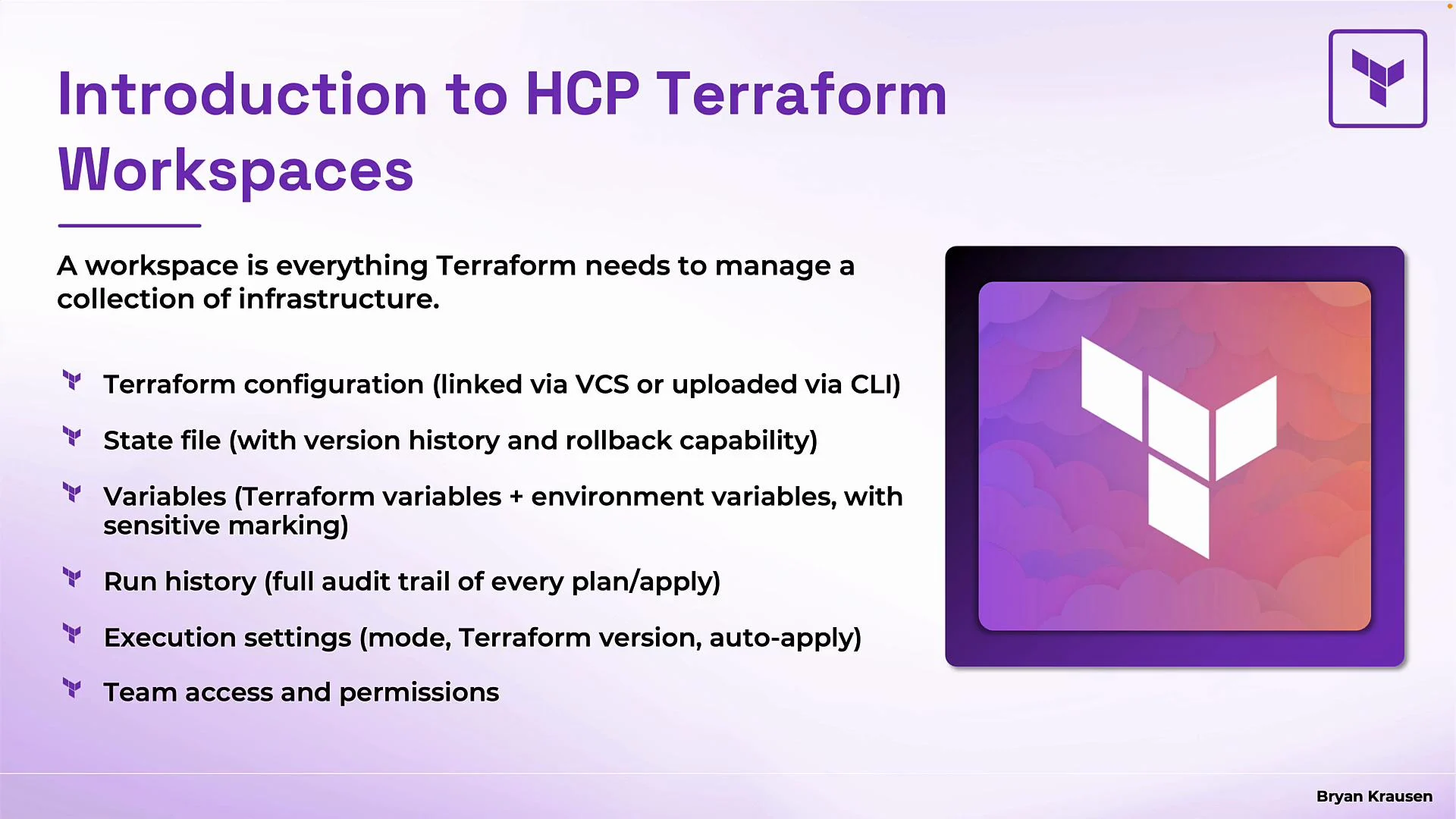 The image is an introduction to HCP Terraform Workspaces, highlighting key features such as Terraform configuration, state files, variables, run history, execution settings, and team access and permissions.