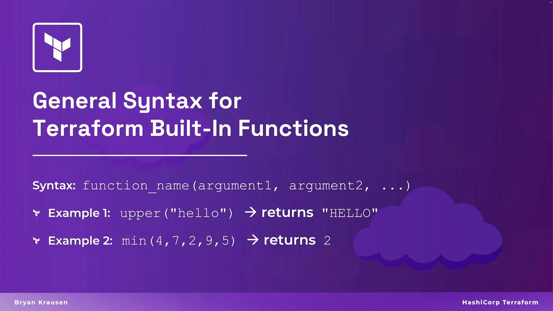 The image provides the general syntax for Terraform built-in functions, with examples of using the upper function to convert "hello" to "HELLO" and the min function to find the minimum value from a list of numbers.