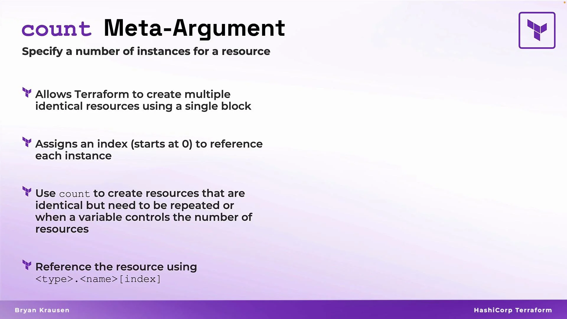 The image explains the count meta-argument in Terraform, which allows creating multiple instances of a resource using a single block, assigns an index to each instance, and describes how to reference the resource.