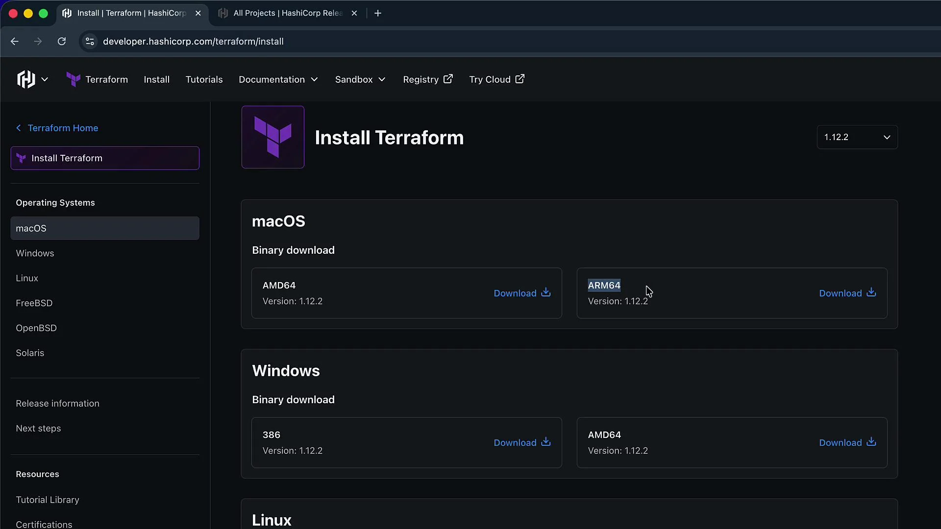 The image shows a webpage from HashiCorp’s site displaying download options for Terraform, with separate sections for different operating systems like macOS and Windows.