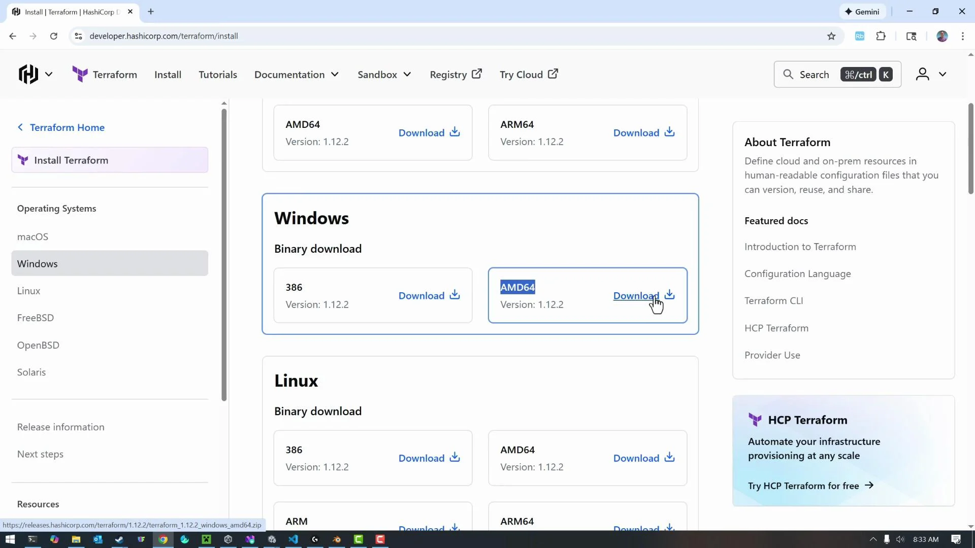 The image shows a download page for Terraform from HashiCorp, specifically highlighting binary download options for Windows and Linux operating systems. A user is selecting the AMD64 version for Windows.
