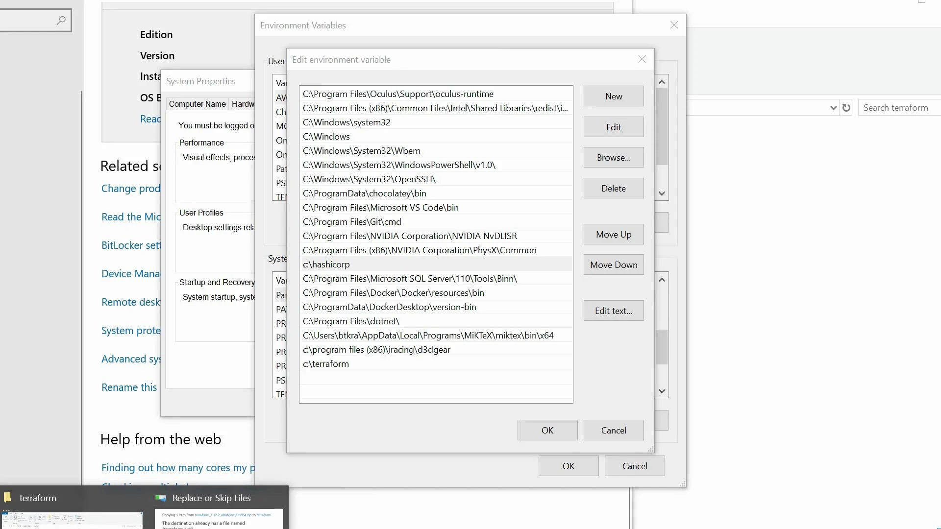 The image shows a Windows environment variables window, listing different system paths, overlaid on a system properties panel.