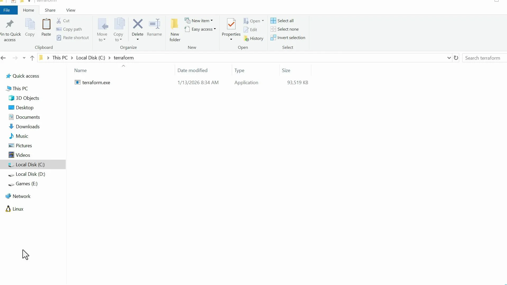 The image shows a Windows File Explorer window displaying the contents of a folder named "terraform" on the C: drive. It contains a single file named "terraform.exe" with details such as date modified, type, and size.