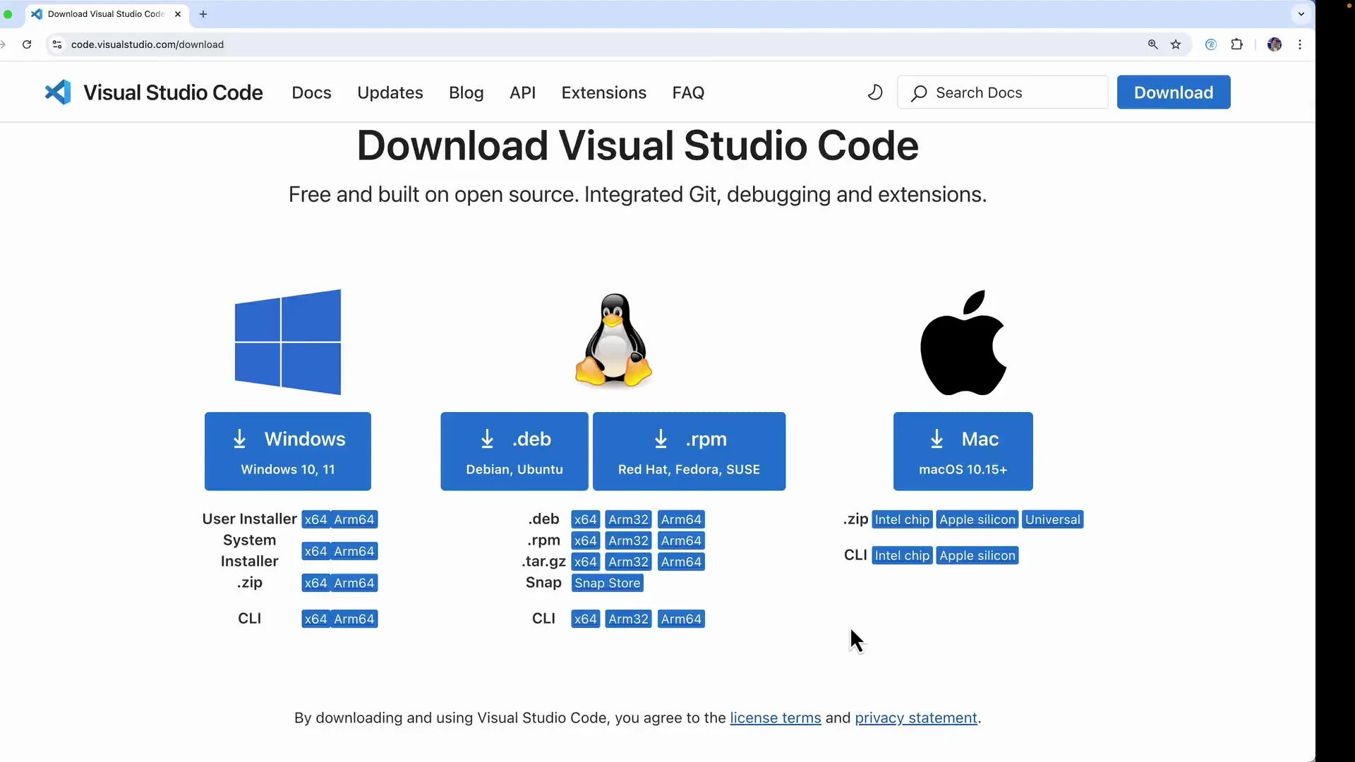 The image shows a webpage for downloading Visual Studio Code for different operating systems: Windows, Linux, and macOS, with specific download options for each system.