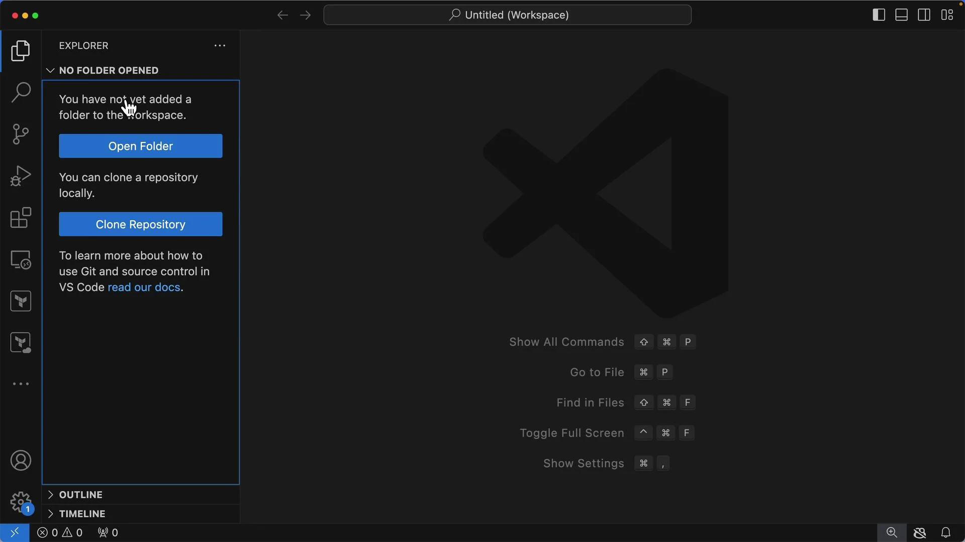 The image shows the Visual Studio Code interface with no folder opened, offering options to open a folder or clone a repository. It also displays shortcut keys for various commands.
