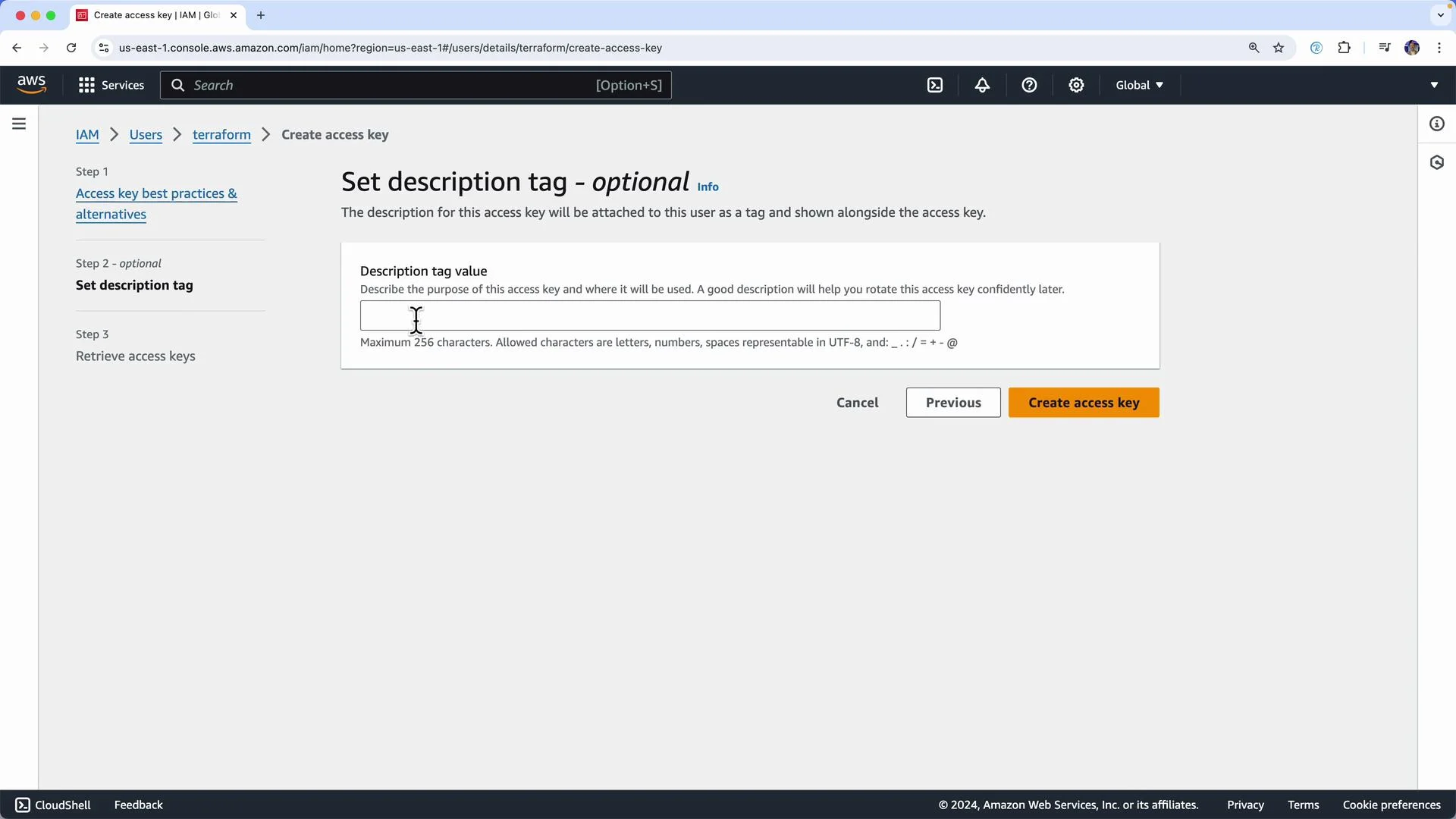 The image shows a screen from the AWS console where a user can set a description tag for creating an access key, with instructions and options to proceed or cancel.