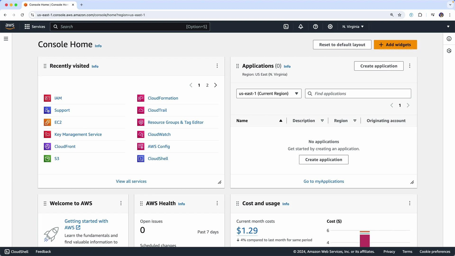 The image shows an AWS Console Home page, displaying a list of recently visited services and application management options, as well as sections for AWS Health, cost and usage, and getting started resources.