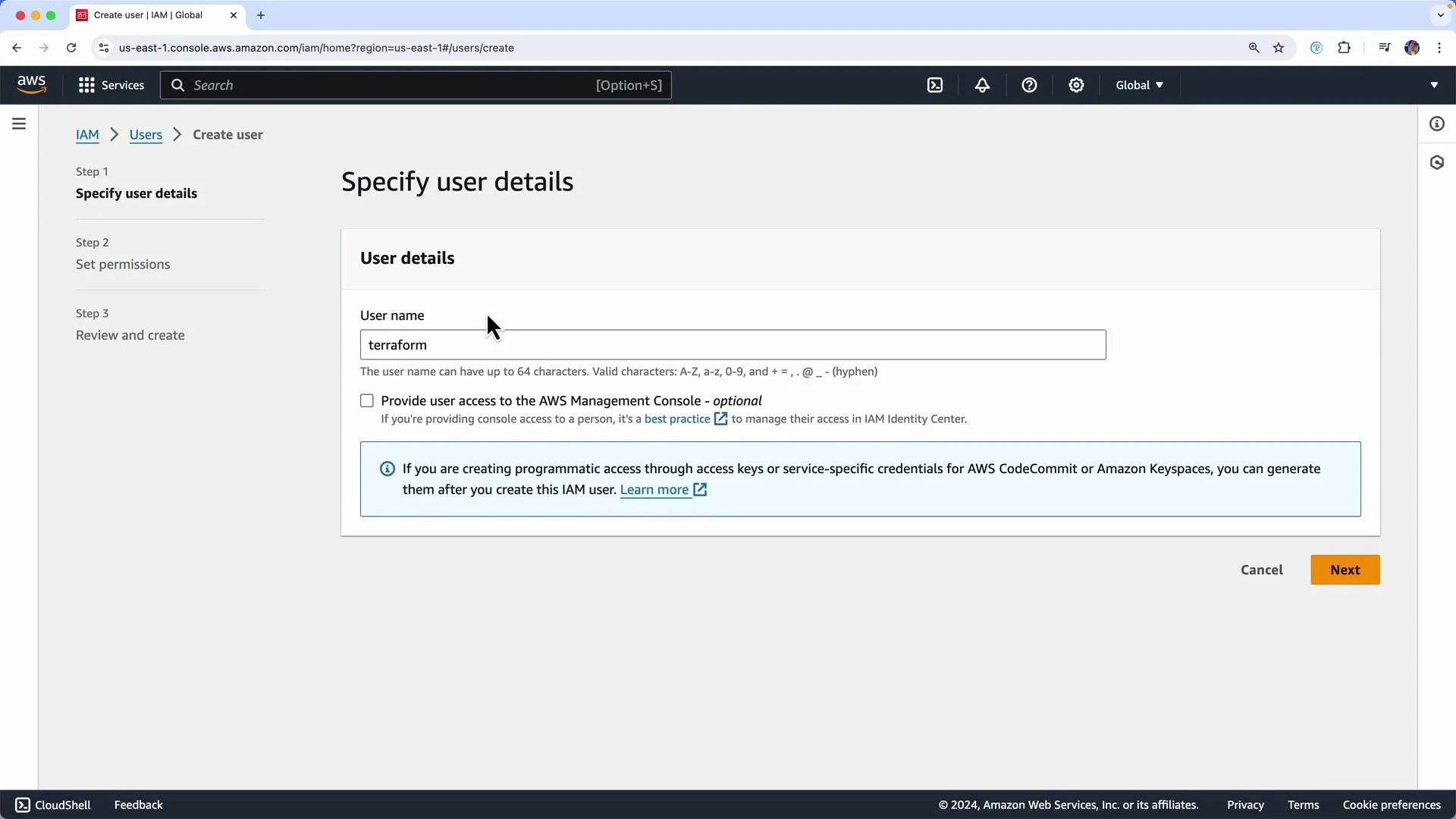 The image displays the AWS IAM console where a user named "terraform" is being specified in the "Create user" process, within the "Specify user details" step. There are options for providing AWS Management Console access and generating programmatic access credentials.