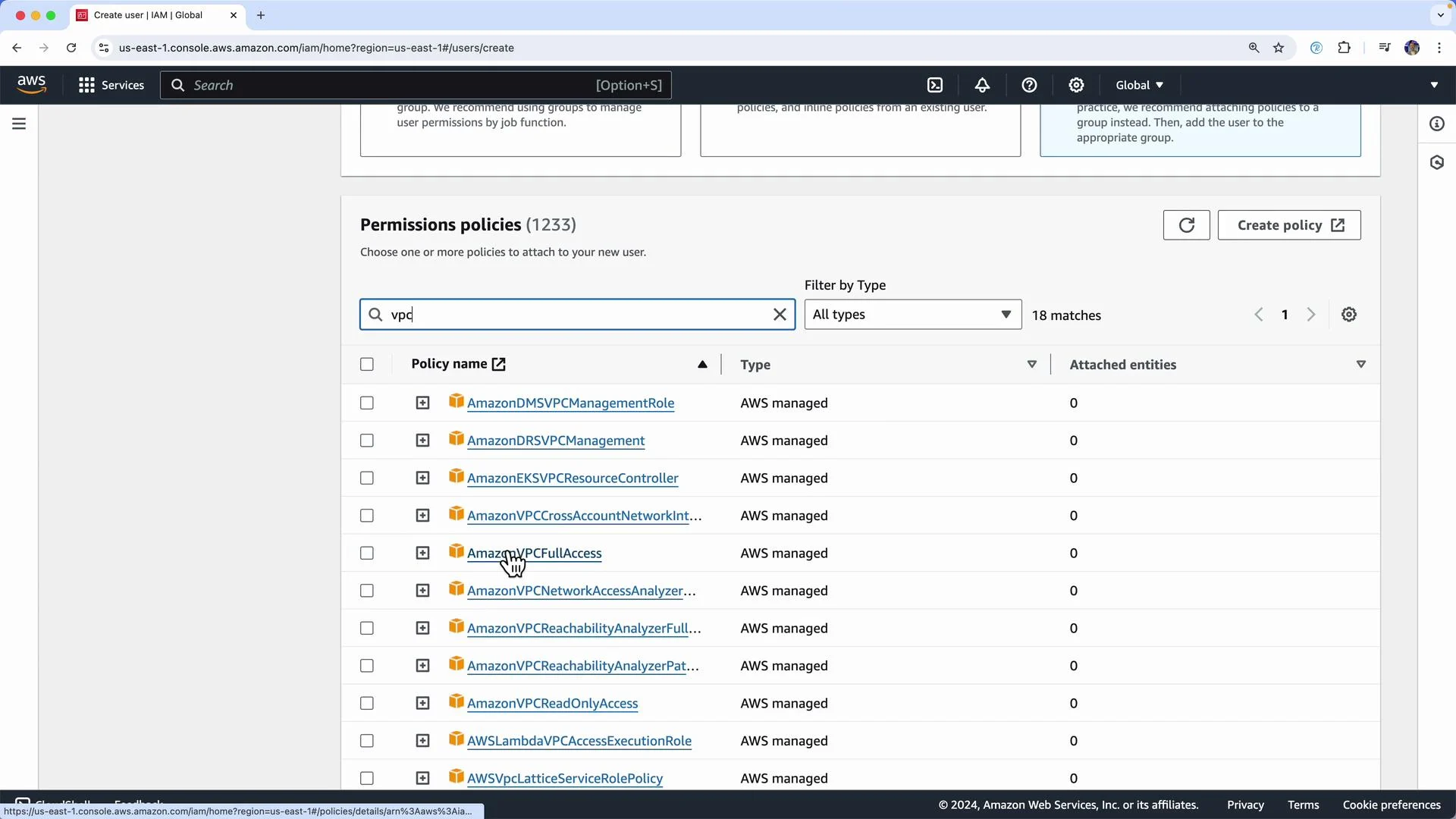 The image shows the AWS IAM console with a list of permission policies related to "VPC" being displayed. The policies are AWS managed, and none are currently attached to any entities.