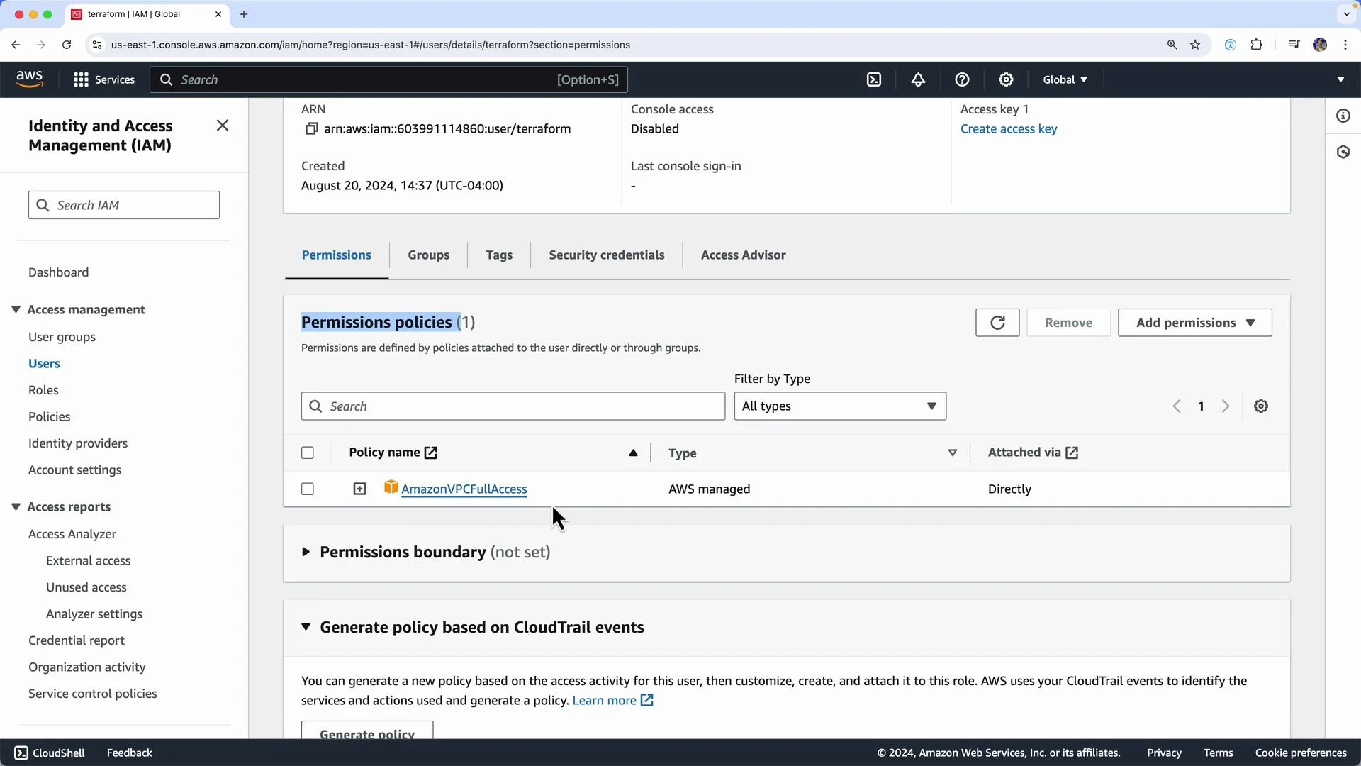The image shows an AWS Identity and Access Management (IAM) interface, specifically the user permissions page where "AmazonVPCFullAccess" is attached as a policy.