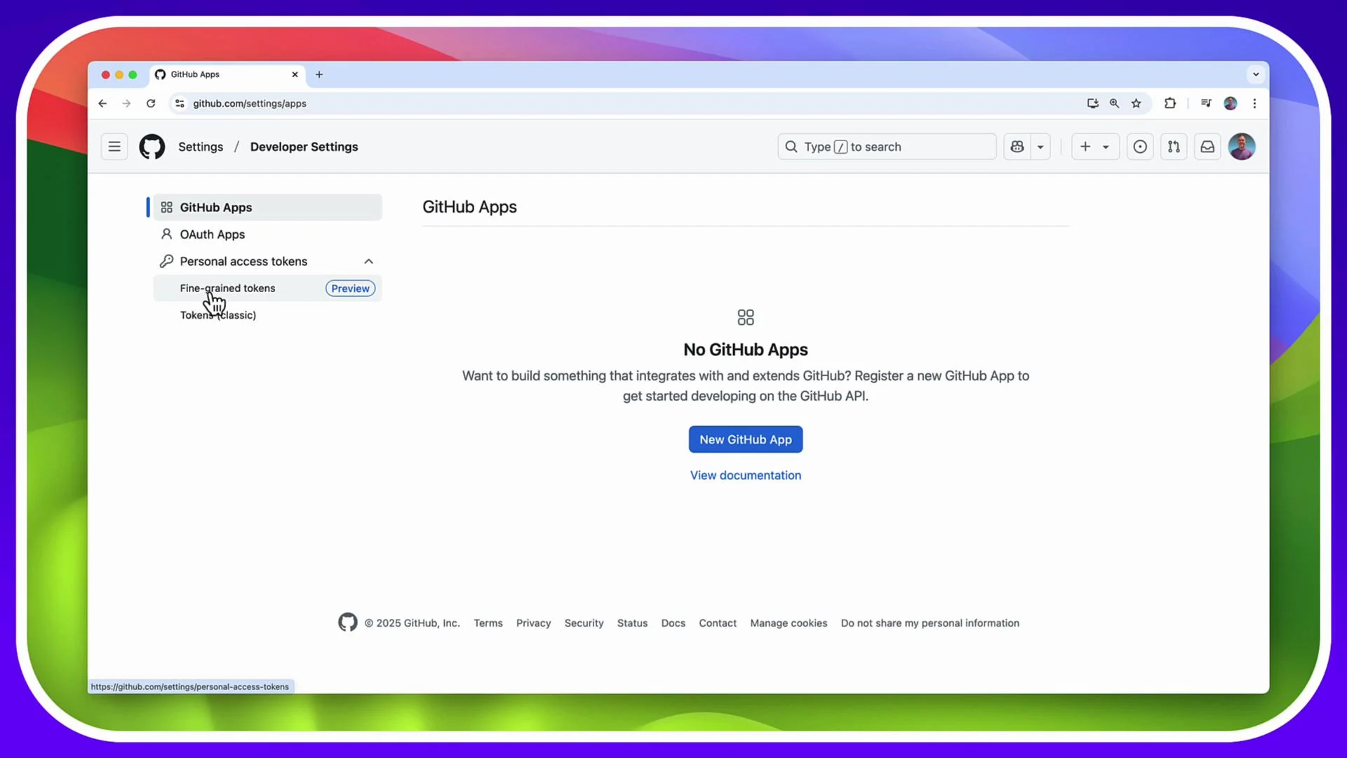 The image shows a GitHub settings page under "Developer Settings" for GitHub Apps, indicating there are currently no apps registered. It suggests registering a new GitHub App and offers options to view documentation or create a new app.