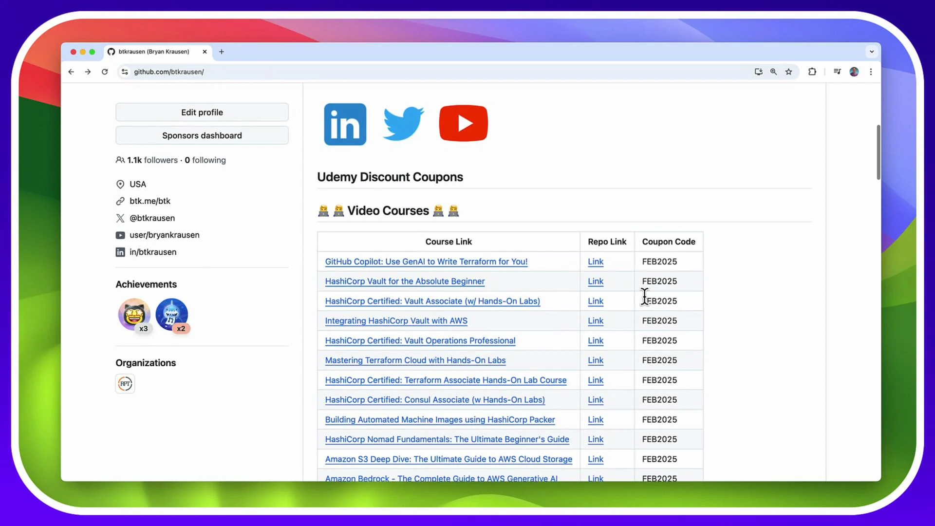 The image shows a GitHub profile page featuring social media links, achievements, and a list of Udemy discount coupons for video courses along with respective links and coupon codes.