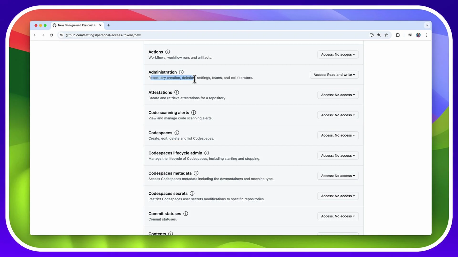 The image shows a GitHub settings page for creating fine-grained personal access tokens with various access permissions, such as Administration and Codespaces, displayed in a dropdown menu format.