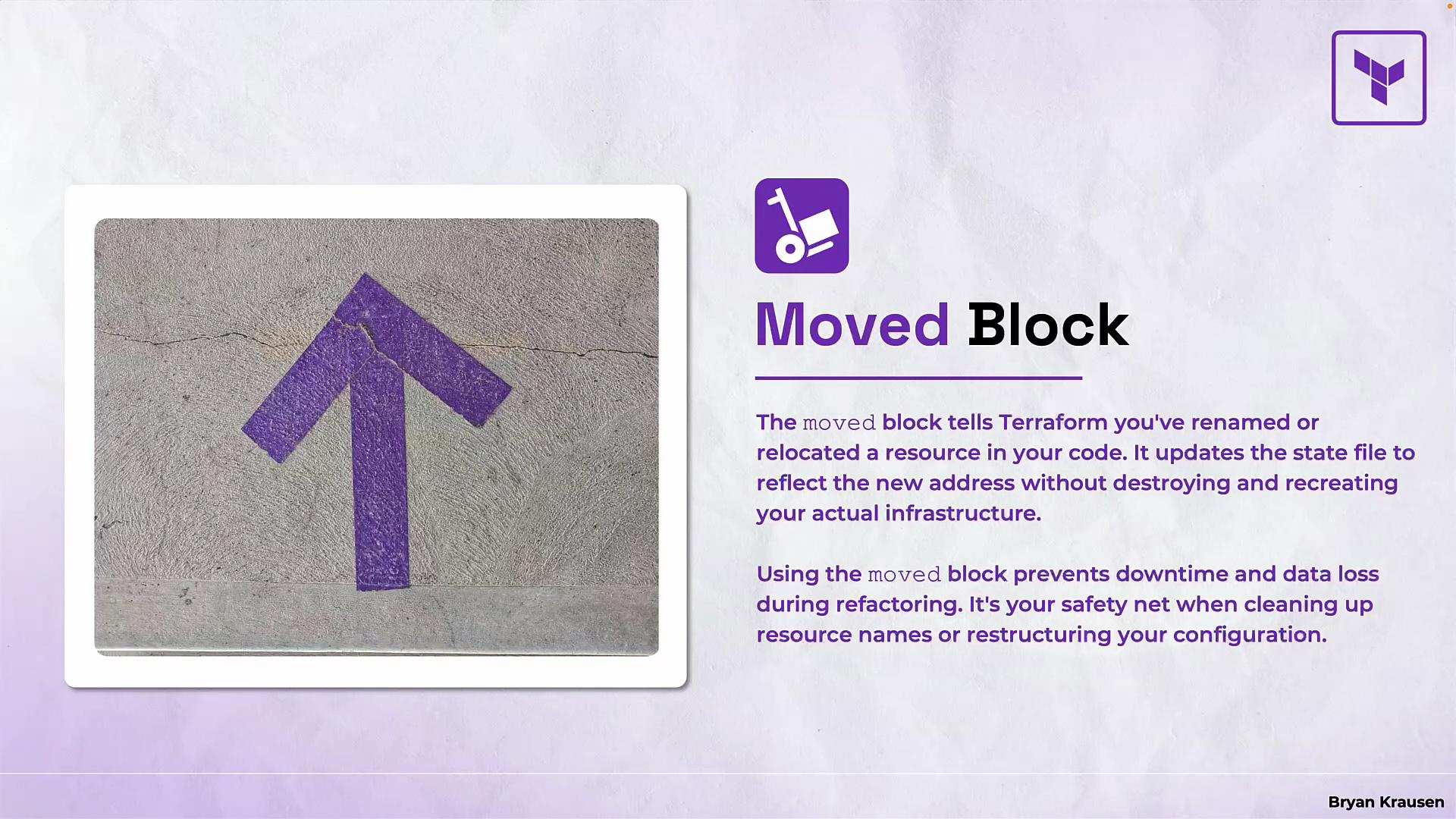 The image shows a description of the "Moved Block" in Terraform, explaining its purpose in updating resource addresses without impacting infrastructure. On the left, there is a photo of a purple arrow painted on concrete.