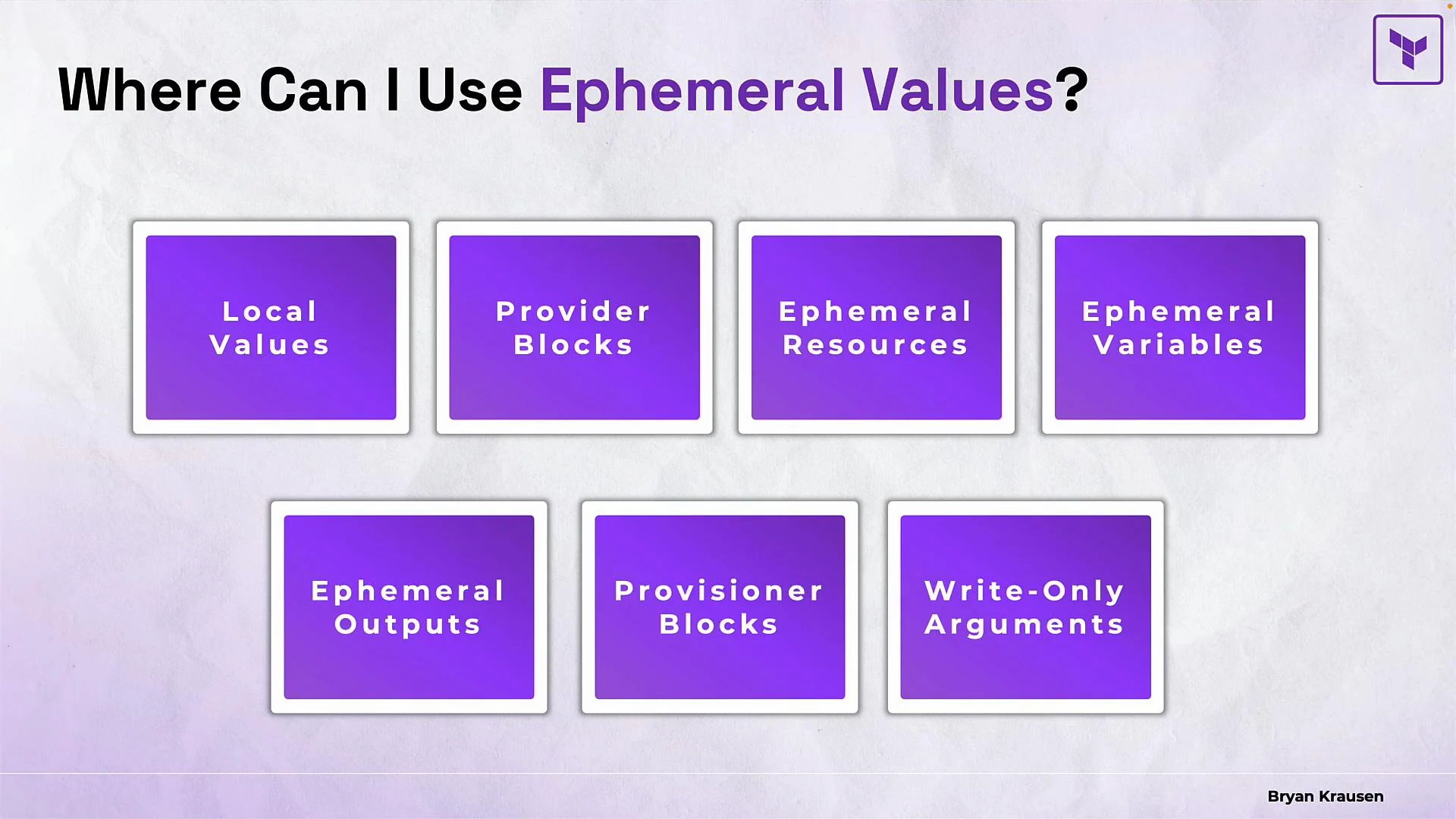 The image lists possible uses for ephemeral values in a technical context, including local values, provider blocks, ephemeral resources, variables, outputs, provisioner blocks, and write-only arguments.