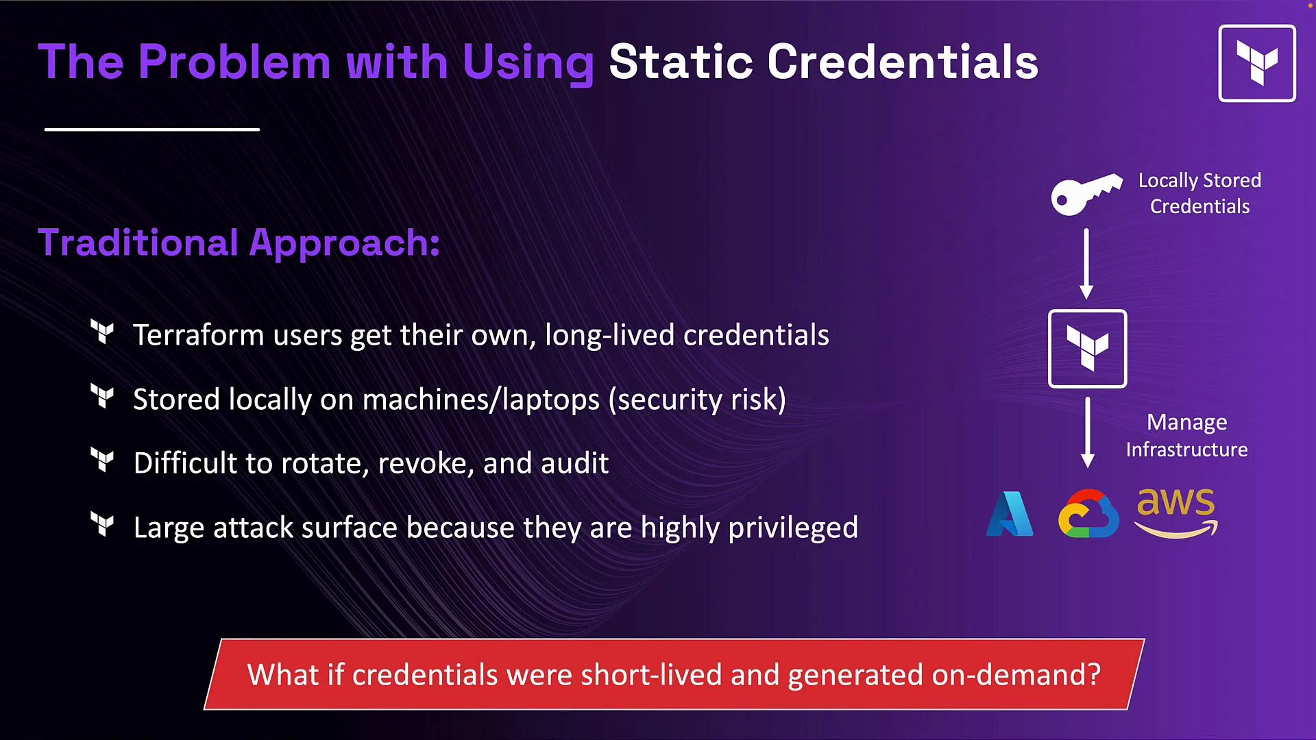 The image discusses issues with using static credentials in a traditional approach, highlighting risks such as local storage and difficulty in credential management. It suggests considering short-lived, on-demand generated credentials.