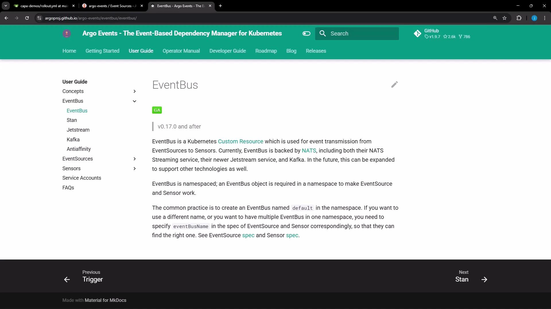A screenshot of the Argo Events documentation webpage showing the "EventBus" user guide, with a green header, left navigation menu, and explanatory text about EventBus for Kubernetes. The page includes links and version info, and navigation arrows at the bottom.