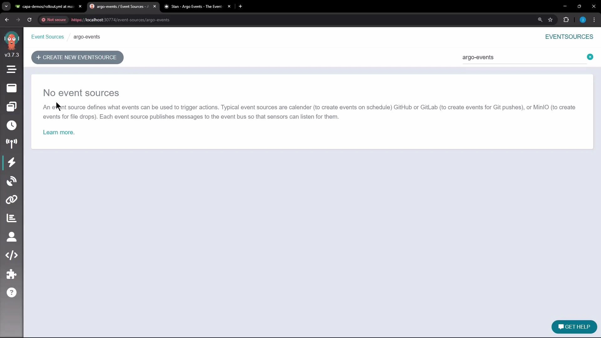 A browser screenshot of an Argo Events dashboard displaying a message "No event sources" with a "+ CREATE NEW EVENTSOURCE" button and the namespace "argo-events" in the header. A vertical navigation sidebar is visible on the left and a "GET HELP" button appears at the bottom-right.