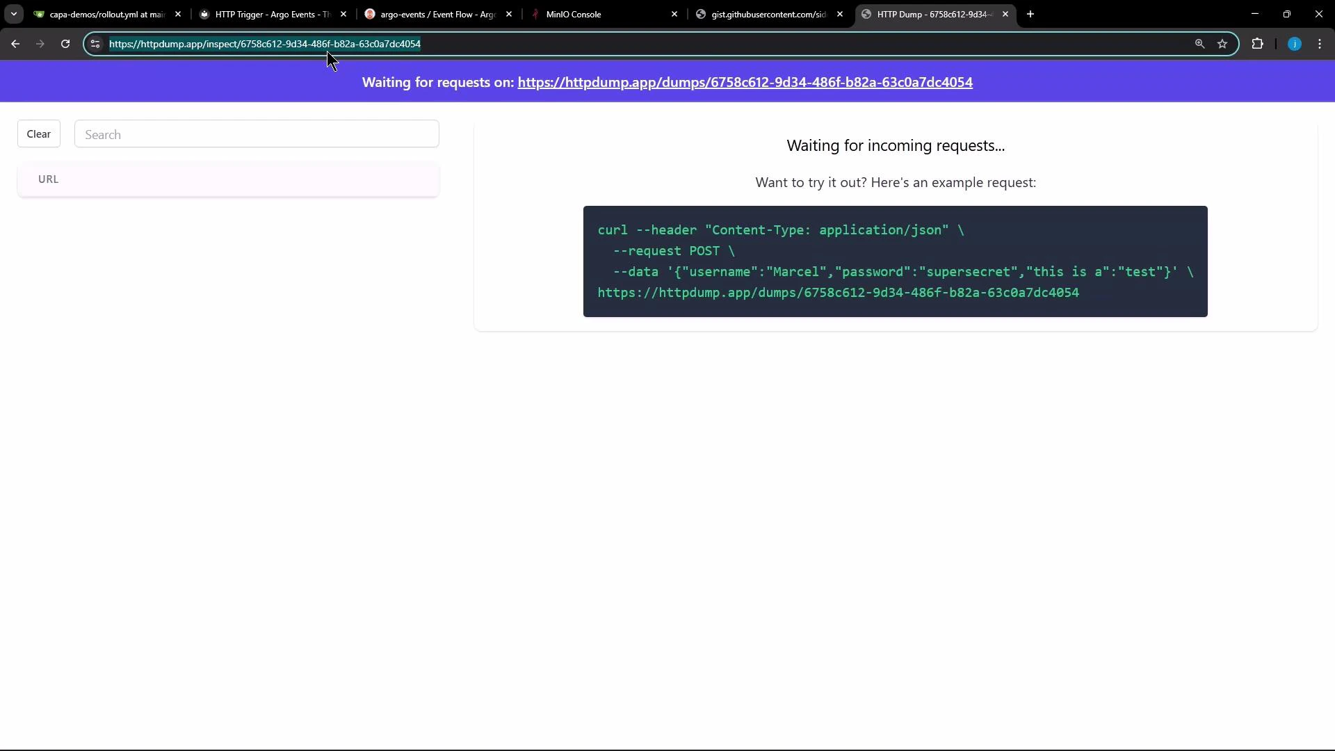 A browser screenshot of the httpdump.app webpage showing a "Waiting for incoming requests..." message and a highlighted example curl command. The page displays a generated dump URL and instructions for POSTing JSON to that endpoint.