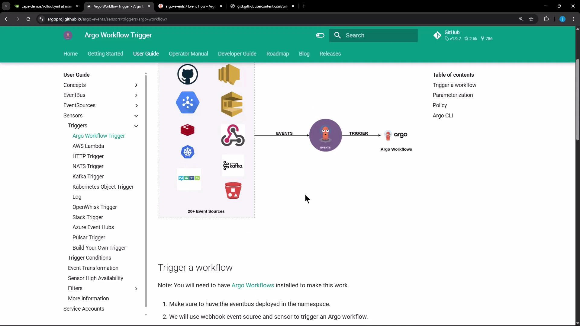 A screenshot of the "Argo Workflow Trigger" documentation page showing a left sidebar of user guide topics and a central diagram of various event sources sending events to an Argo Workflows trigger. The page header is green and the visible content includes a "Trigger a workflow" section.